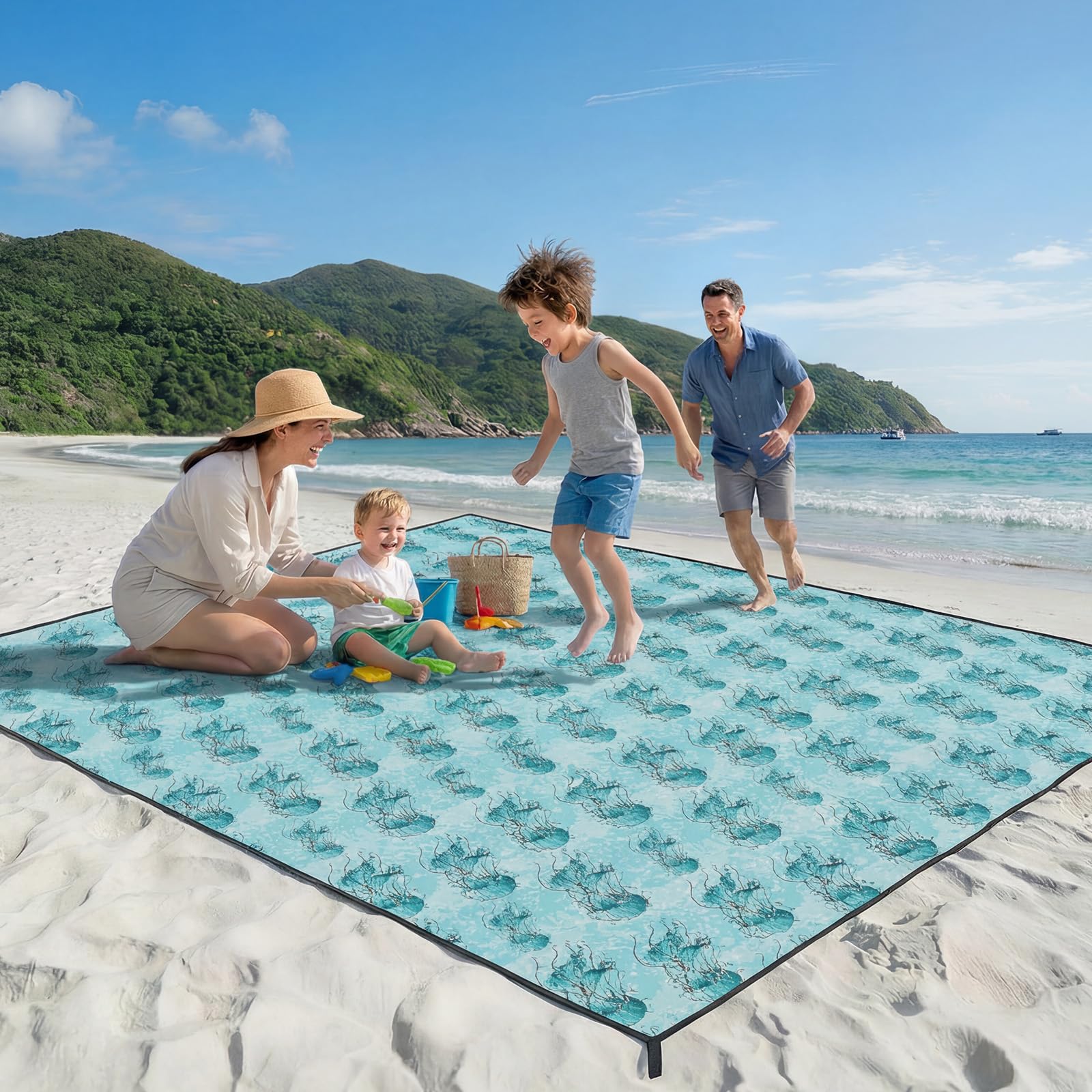 Beach Blanket Sandproof Waterproof, 213 x 244 cm Large Beach Mat with Stakes & Travel Bag, Lightweight,Quick-Dry, Portable Picnic Mat Beach Essentials for Outdoors,Cruise,Picnic & Camping, Jellyfish