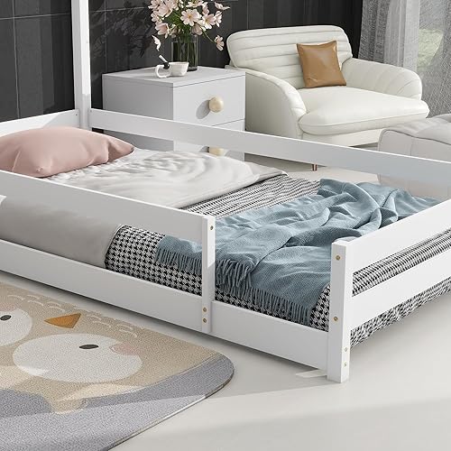 Miniatura 7 de Cama de madera de tamaño individual con cabecero en forma de casa con vallas, color blanco