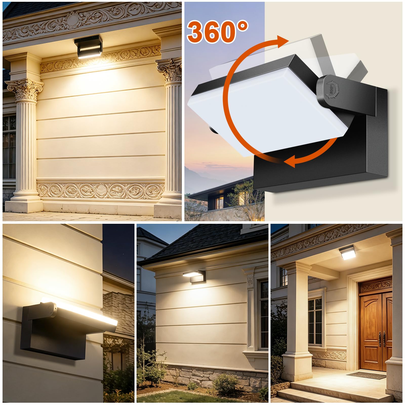 ledmo 60W LED Apliques Pared Exterior Interior 360° Rotación Negra Lámpara de Pared para Entrada Terraza Pasillo Focos LED Exterior 5000 Lumen Blanco Cálido 3000K Impermeable IP65