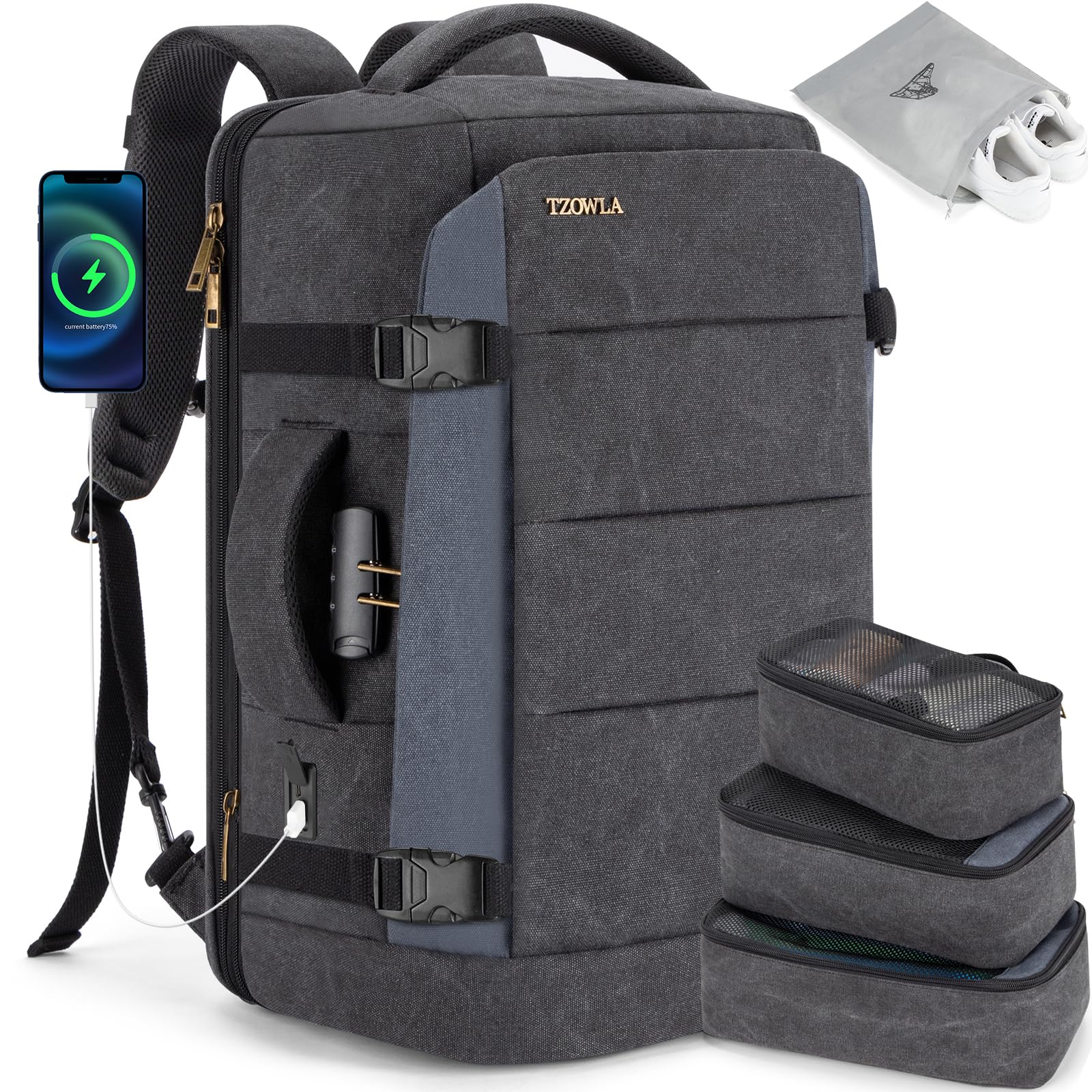 Tzowla 40L Canvas Travel Laptop Backpack for Men Women Carry on Flight Approved,Large Capacity Anti Theft Backpacks with USB Port,Vintage Business Rucksack Bag Fit 17.3 Inch Laptop(Black & Navy Blue)