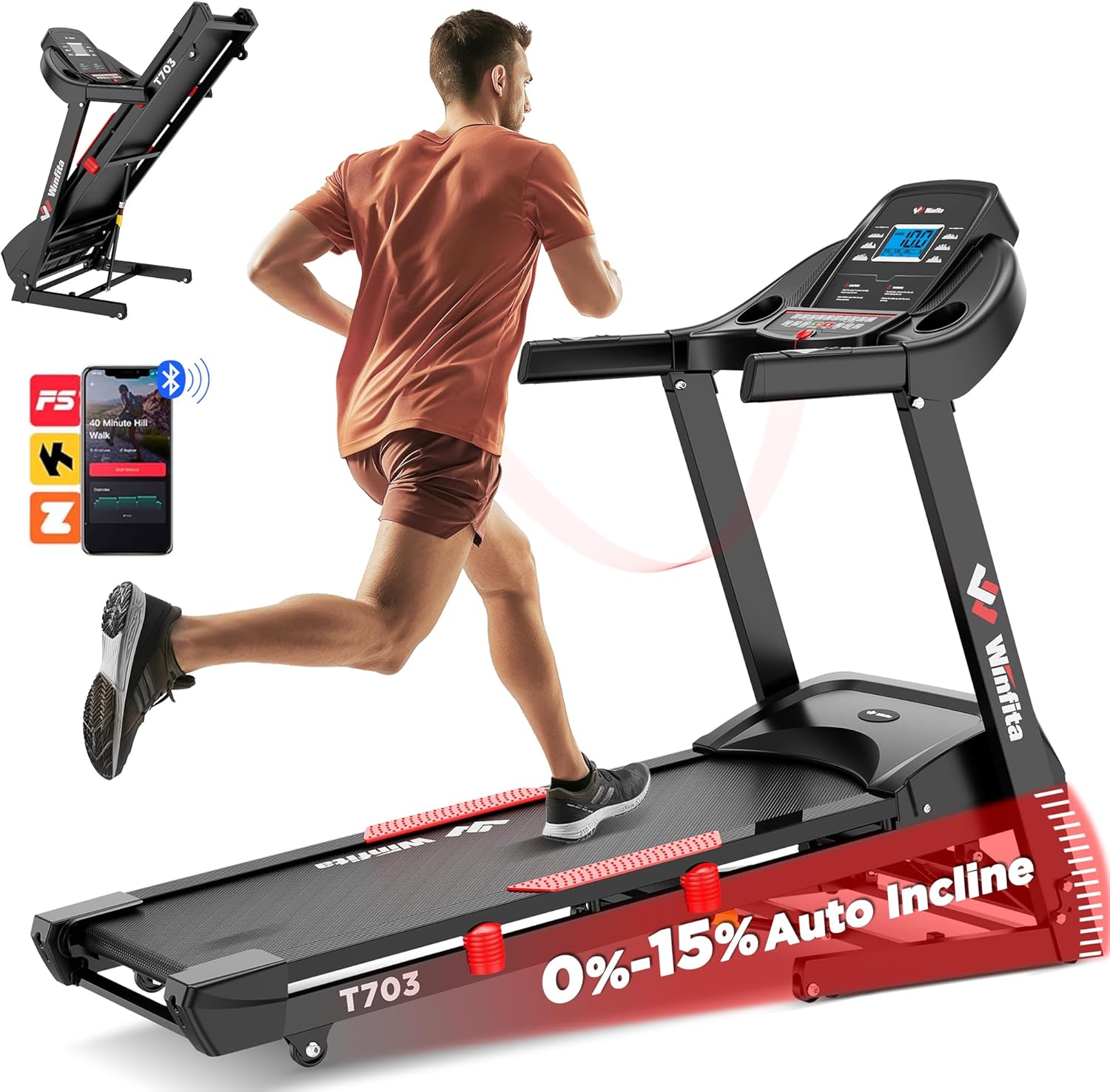 Treadmill with 15% Auto Incline, 300 LBS Capacity and 10 MPH Max Speed, 4.0HP Folding Treadmills for Home Features 18” x 50” Belt, Bluetooth, APP, 64 Preset Programs and 3 Countdown Modes