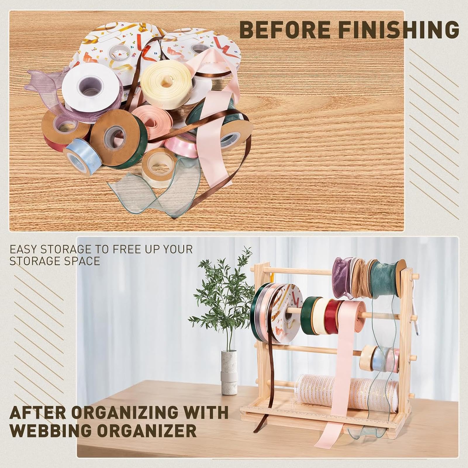 Organizer na Wielofunkcyjny Drewniany Z Miarką | Uchwyt Na Szpule Wstążek Do Pracowni Rękodzieła Taśmy Washi Scrapbookingu Szydełkowania Pikowania Szycia Studia