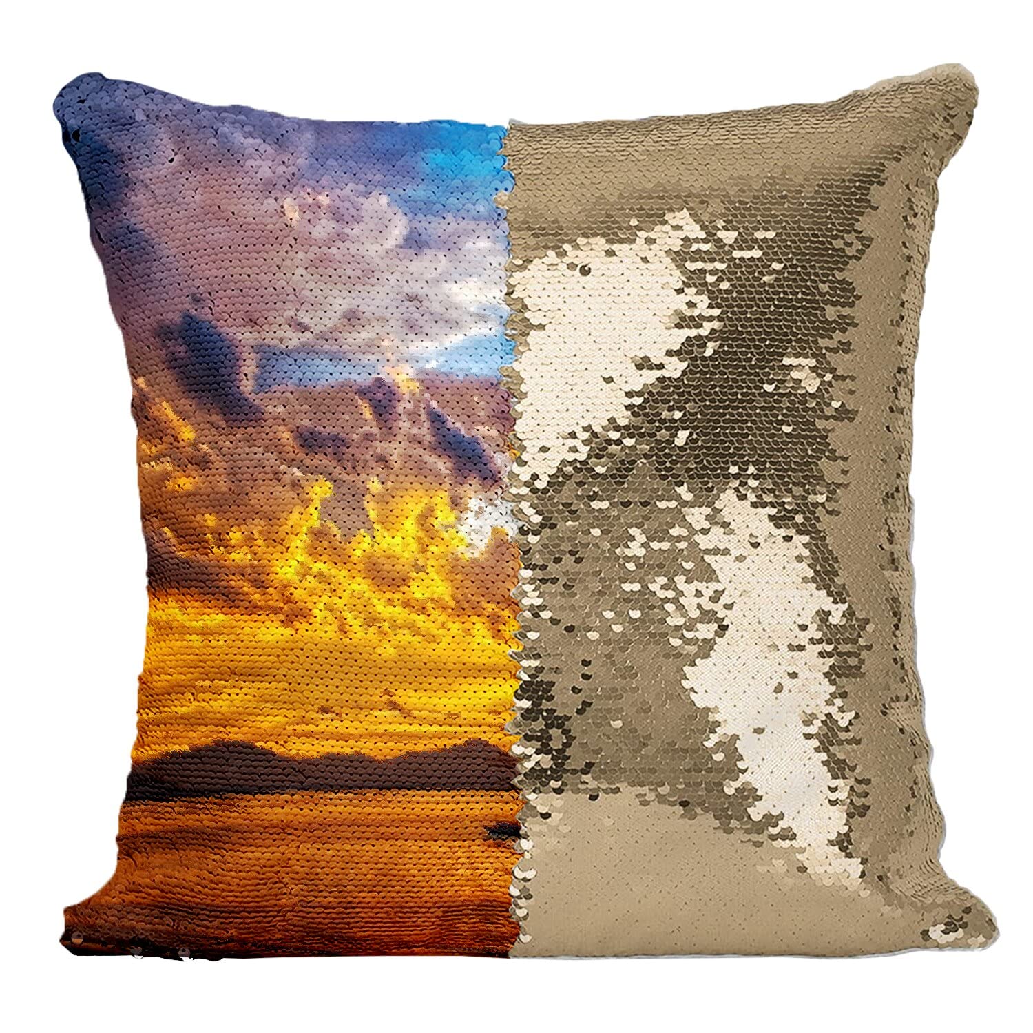Coussin Paillettes Doré Soleil Couchant Mer Nuage Bateau Asie