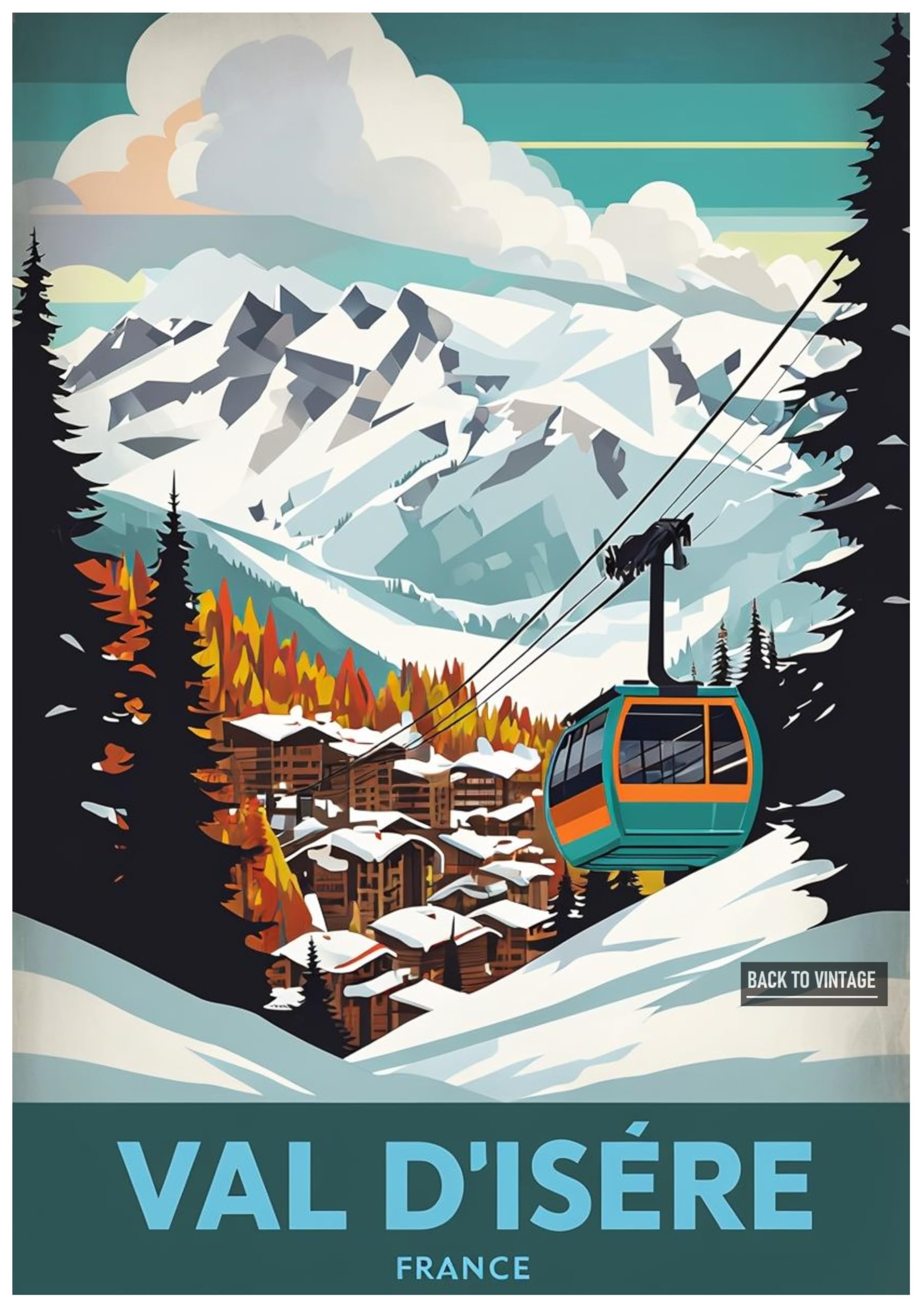 VAL D'ISÉRE - Vintage Ski Resort Poster A4 Size Retro Winter Sports Wall Art Alpine Mountains Snow Landscape Home Decor for Ski Lovers