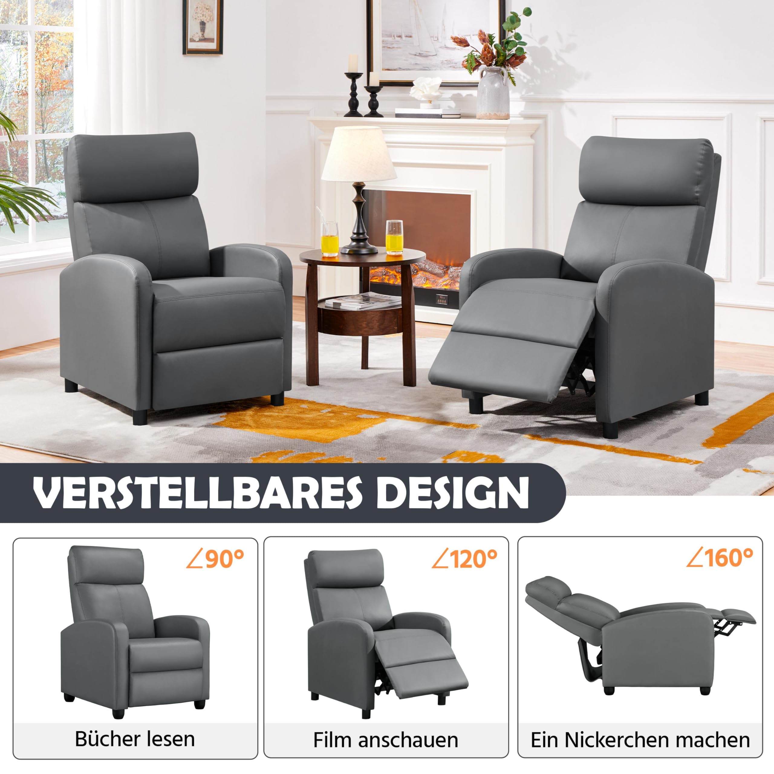 Yaheetech Ruhesessel Relaxsessel Liegesessel mit Verstellbarer Fußstütze und liegefunktion Fernsehsessel aus Kunstleder Einzelsofa 160° neigbar