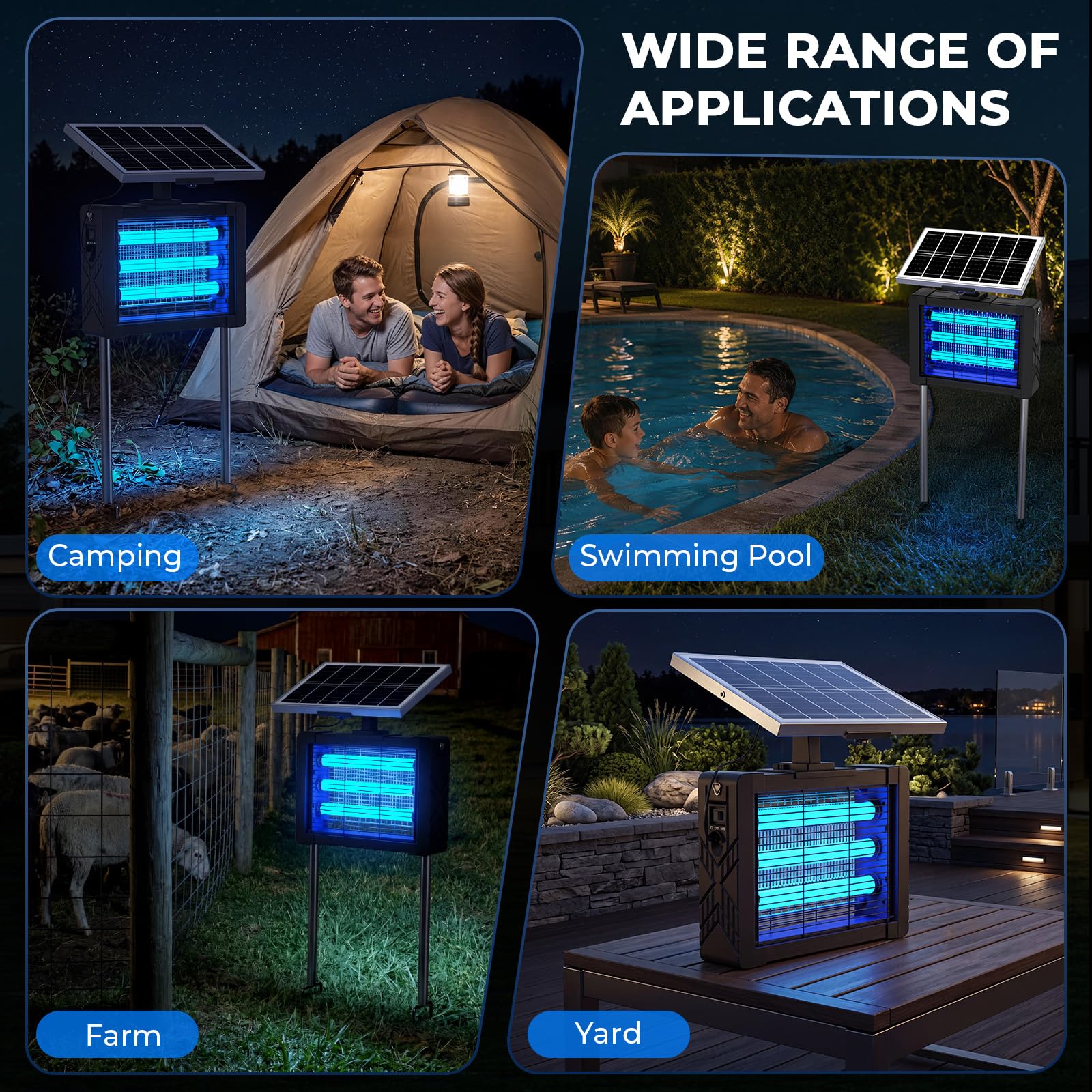 Solar Bug Zapper Outdoor, Tragbarer wiederaufladbarer Moskito-Zap mit 3 Lampen, 4500 V elektrischer Insektenvernichter, 5400 mAh Akku, 3 m Solarkabel, IPX5 wasserdichter Fliegenvernichter für Terrasse