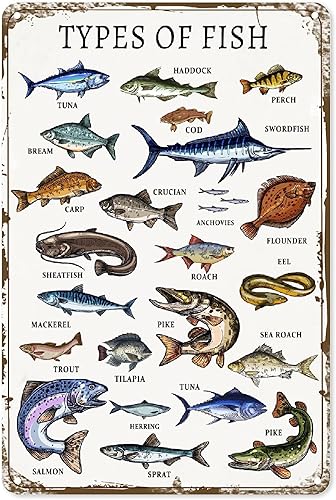 ASoftblak Types Of Fish - Cartel de metal de aluminio, decoración de pared de metal vintage, póster para el hogar, dormitorio, cocina, bar, hogar,