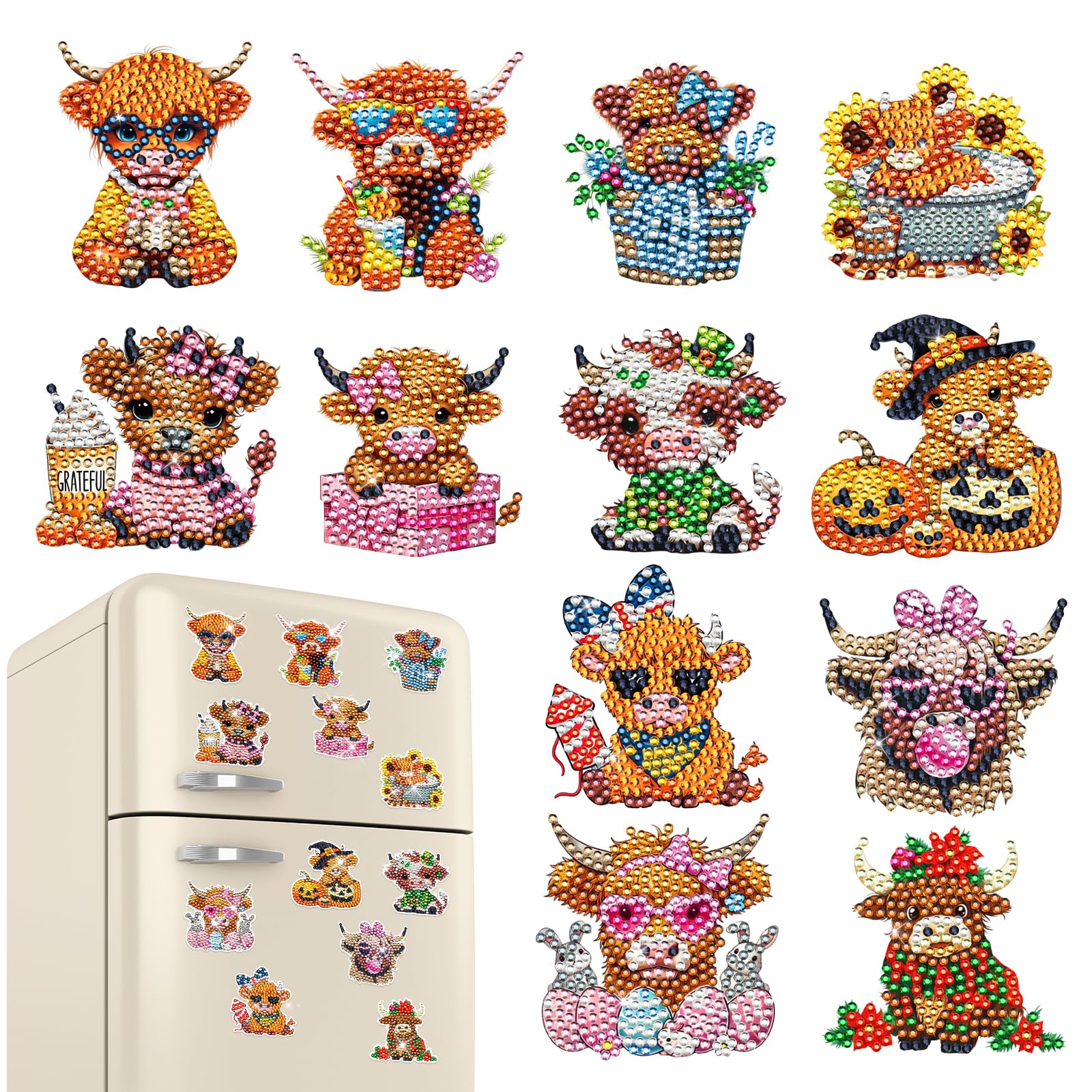 INCOK Highland Cow Diamond Art Magnets Refrigerator - 12 PCS DIY Seasonal Diamond Painting Fridge Magnets Kit Cute Animal Gem Art Crafts Set Halloween Home Decors for Adults Beginners