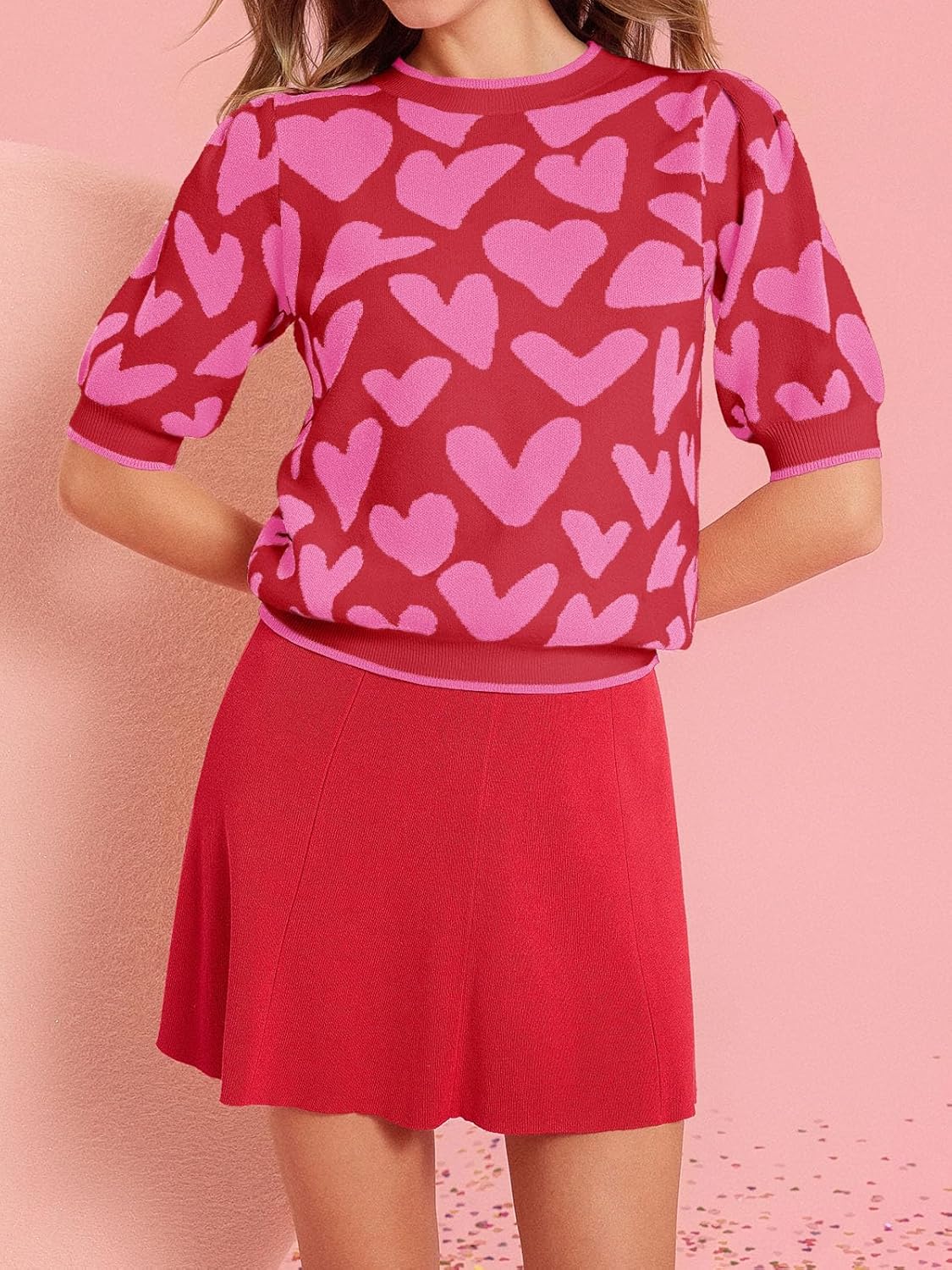 Saodimallsu Womens Puff Short Sleeve Heart Sweater Valentines Crew Neck Graphic Knit Pullover Crop Tops - Image 2