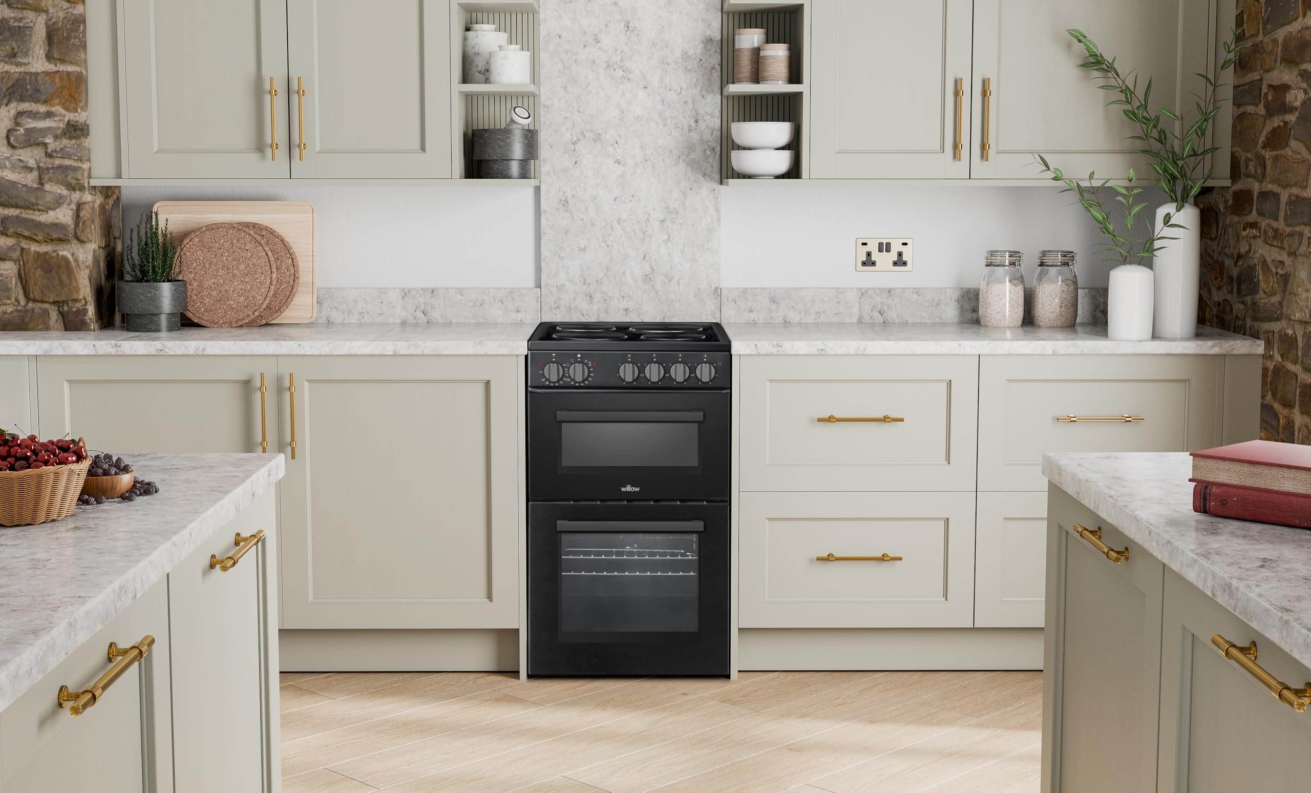 Willow WE50TSB 62L Freestanding Electric Cooker, 50cm Wide Twin Cavity Cooker with Solid 4 Plate Hob, 31L Capacity Grill Cavity, 2 Year Warranty - Black — view 2