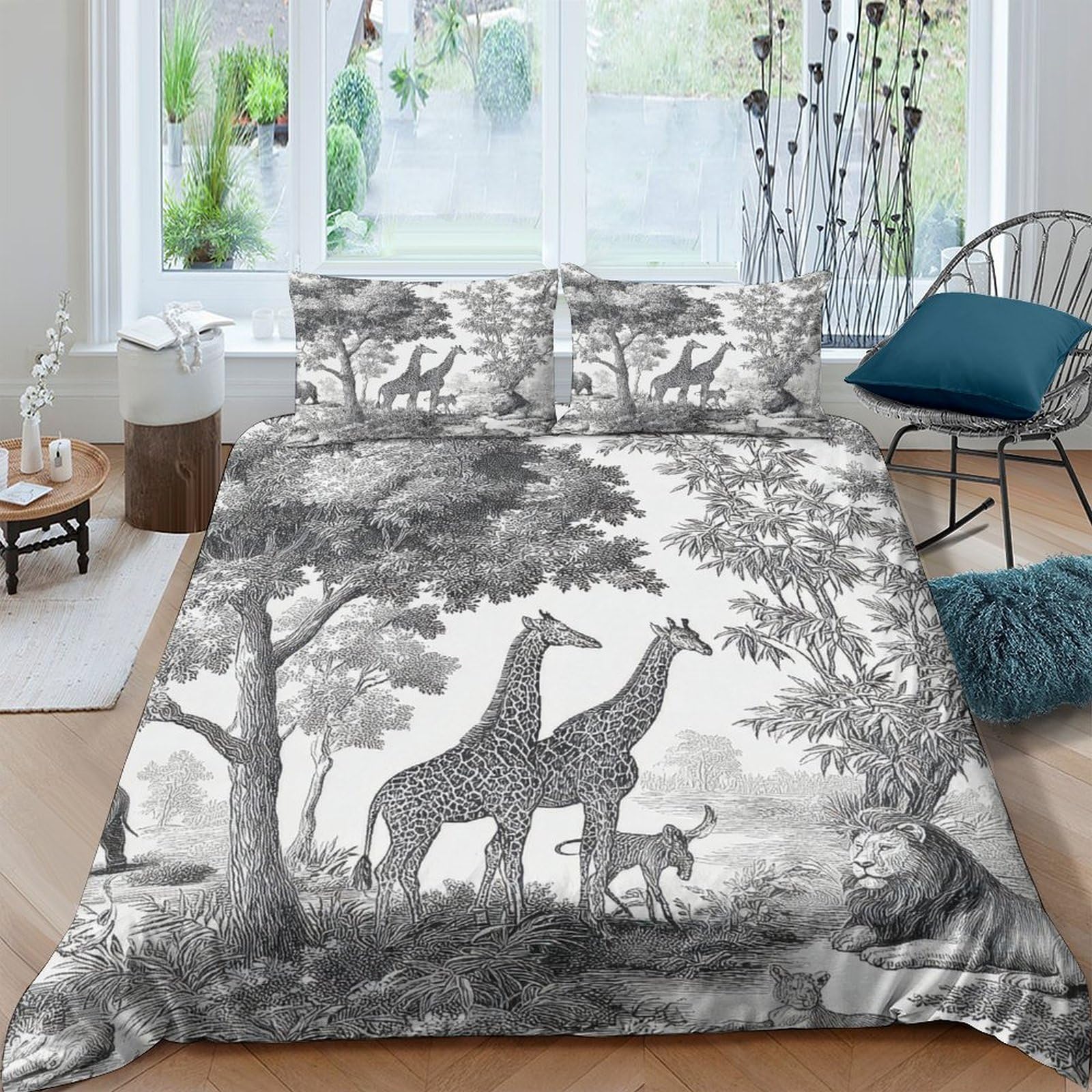 Ctjqhvkz Style-3 3D Printed Giraffe Forest Fitted Sheet Microfiber Soft Black White Nature Bed Sheet For Bedroom Guest Room Decor Single（135X200cm）