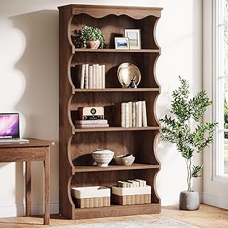 Tribesigns 70-Inch Tall Bookcase, 5-Tier Open Bookshelf with Unique Curved-Edge Design, Wood Vintage Large Book Case, Free-Standing Display Shelves with Storage for Living Room, Home Office, Bedroom