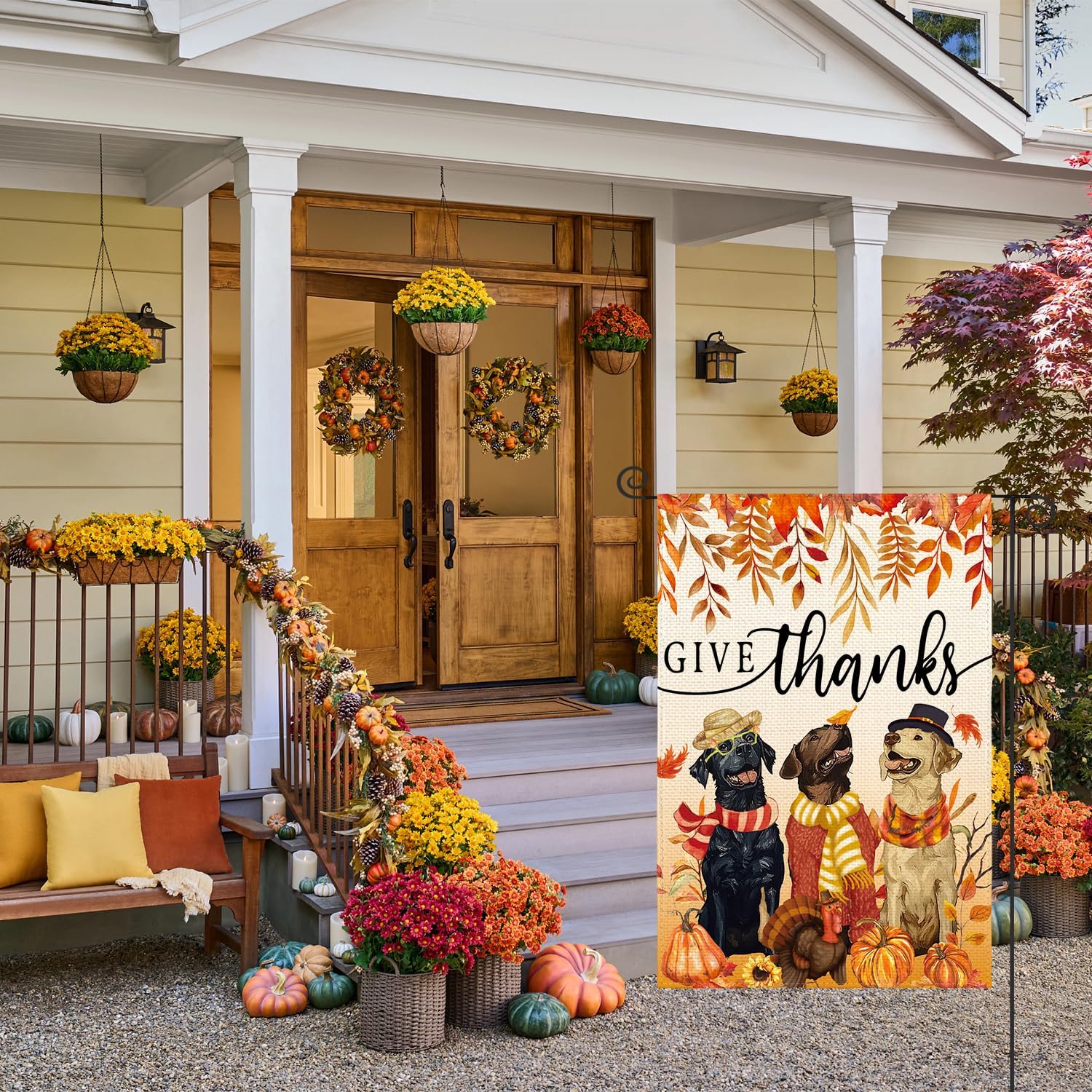 AVOIN colorlife Give Thanks Fall Thanksgiving Garden Flag 12x18 Inch Dog Pumpkin Turkey Double Sided, Harvest Holiday Yard Outdoor Decorative Flag - Image 2
