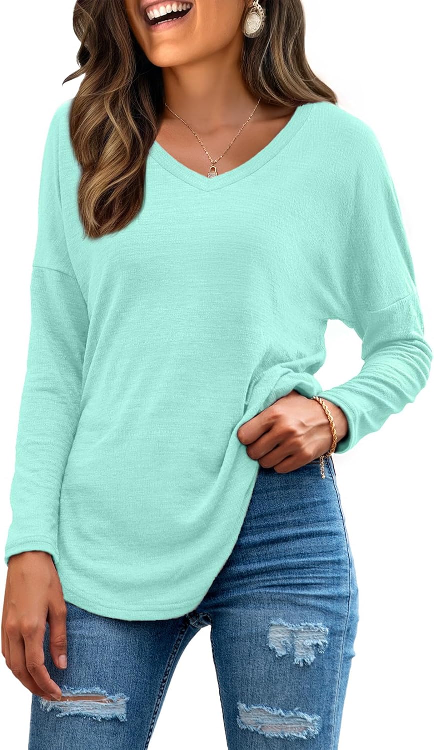 Neineiwu Womens Long Sleeve Tunic Tops Trendy Dressy Casual Fall Fashion 2025 V Neck T Shirt Blouses for Office Work