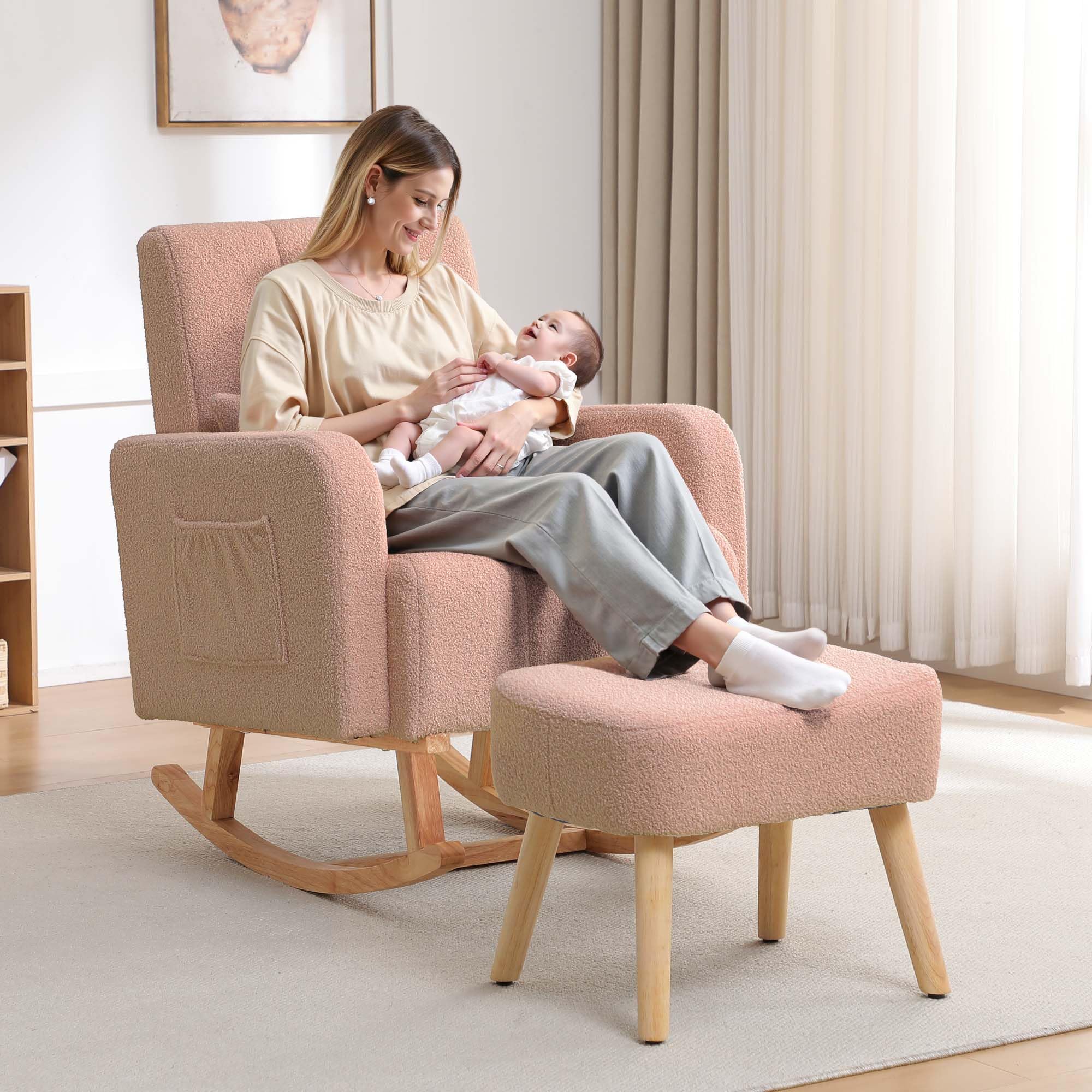 HCHAIRH Rocking Nursery Chair with Ottoman, Upholstered Glider Rocker with Side Pocket, Comfy Reading Chair with Solid Wood Legs for Nursery, Living Room,Bedroom, Coffee