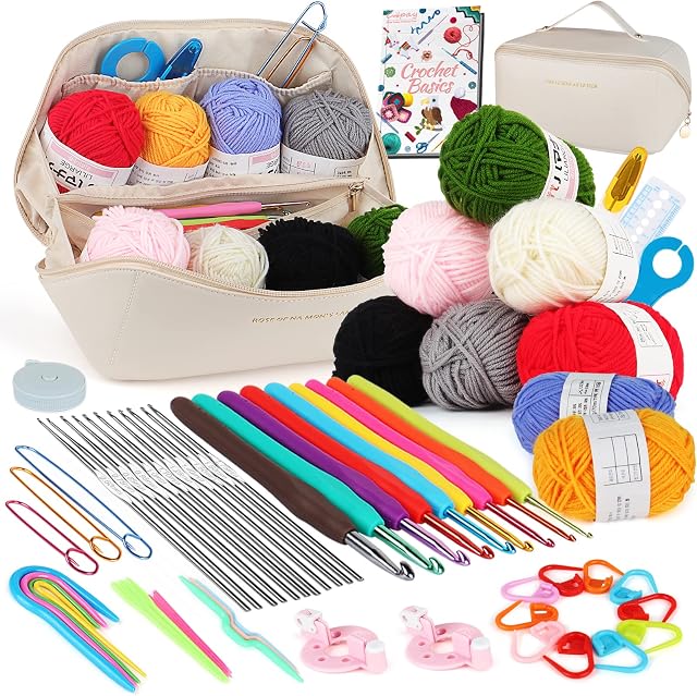 Coopay Crochet Kits for Kids Beginner Adults, 62pcs Travel Crochet Starter Kit Crochet Set with Crochet Hooks, Yarn Balls, Crochet Book, Portable Crochet Case, Full Knitting & Crochet Supplies (white)