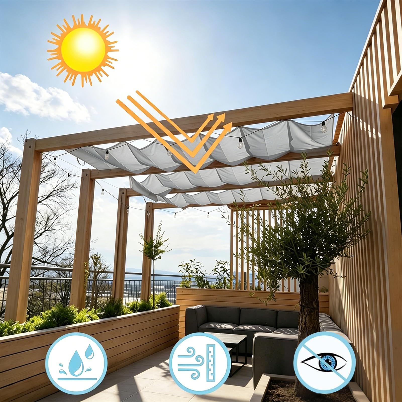 Verstellbar Wellenmarkise 230 x 300 cm Wetterschutz, Windschutz UV Schutz, Sonnenschutz, Wetterbeständig, Sonnenschutz Terrasse mit Seilen für Balkon Terrasse Garten, Hellgrau