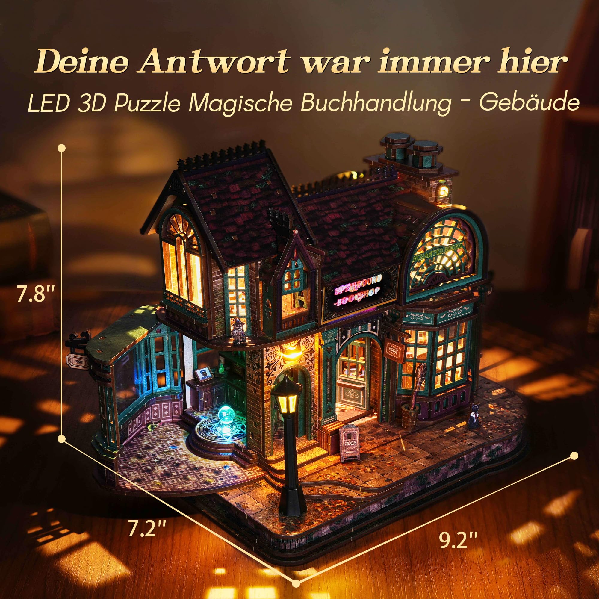FUNPOLA 3D Holzpuzzle Magischer Buchladen mit LED-Lichtern – DIY Miniatur-Bausatz, Zauberbuchhandlung, Wohnkultur-Display und kreatives Geschenk für Erwachsene und Jugendliche