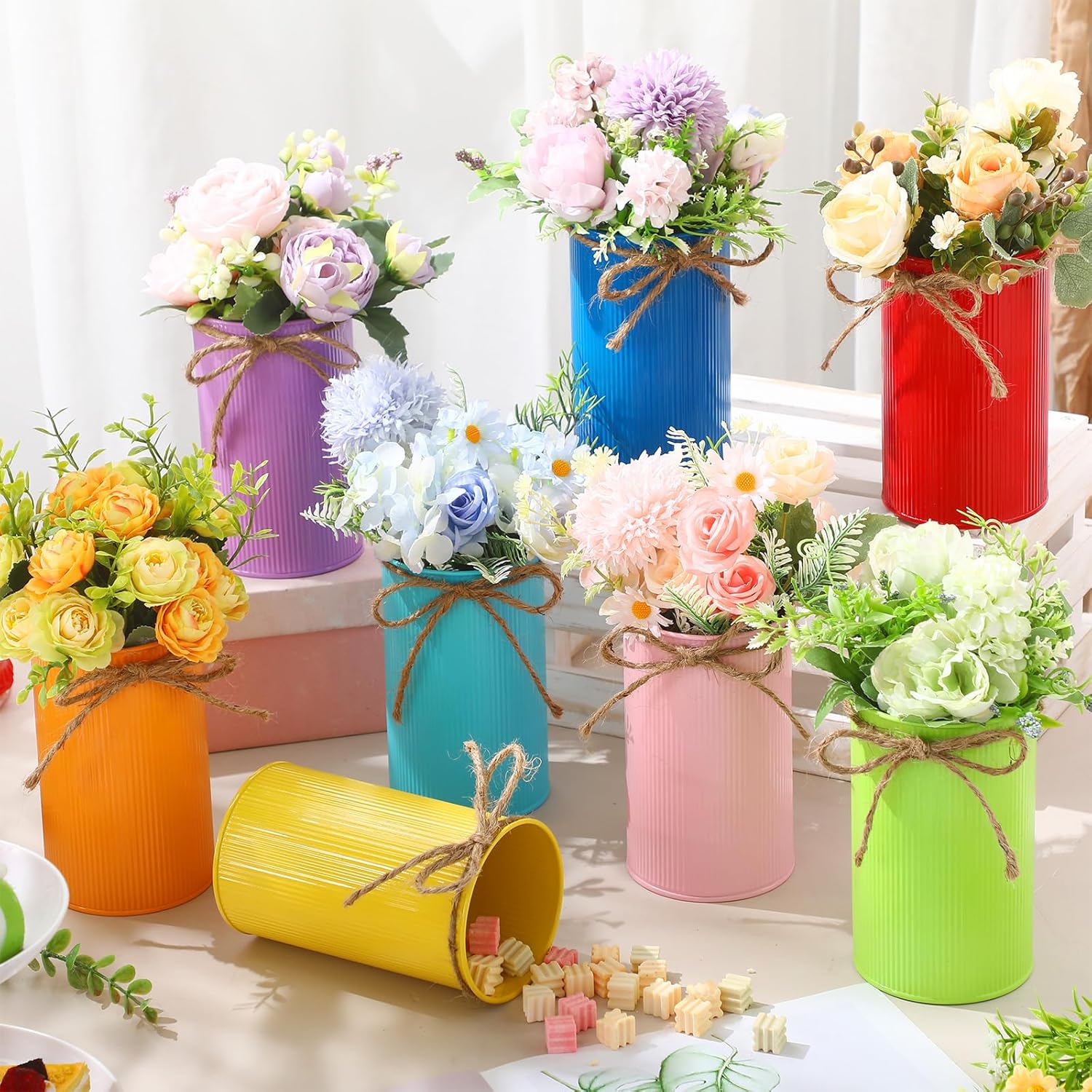 Rustic Vase for Table Centerpieces 5.91 Inch Flower High Vase with Twine Bow Vintage Farmhouse Decor for Wedding Reception Dining Baby Shower Home Galvanized Metal Buckets(Multicolor,8 Pcs)