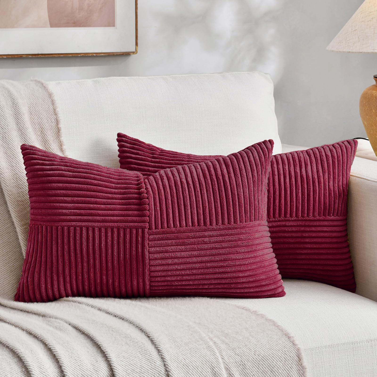 Fancy Homi 2 Packs Burgundy Lumbar Decorative Throw Pillow Covers 14x24 Inch for Living Room Couch Bed, Farmhouse Boho Home Decor, Soft Striped Corduroy Rectangle Accent Cushion Case 35x60 cm — image 1