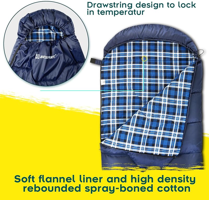 Bessport Hálózsák Kempingezéshez - 3-4 Évszakos, -8°C-ig, Vízálló, Flanelbéléses, Könnyű Túrazsák Felnőtteknek, 210x80cm, Sötétkék