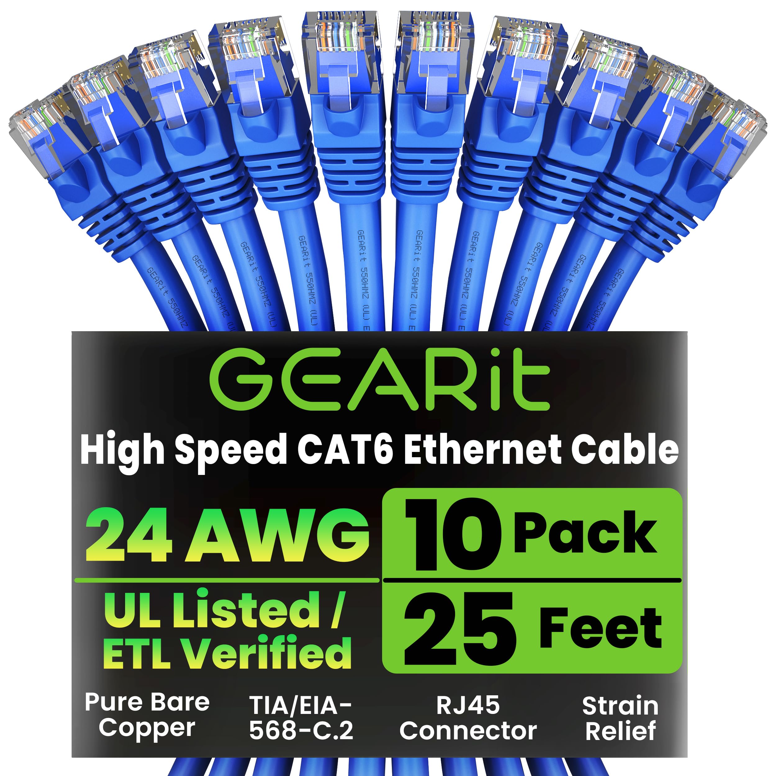 GEARit Cat 6 Ethernet Cable Pack - 10-Pack 25 ft Cat6 Ethernet Patch Cables | RJ45 Network Patch Cable, 10 Gbps Snagless Gold-Plated Connectors -