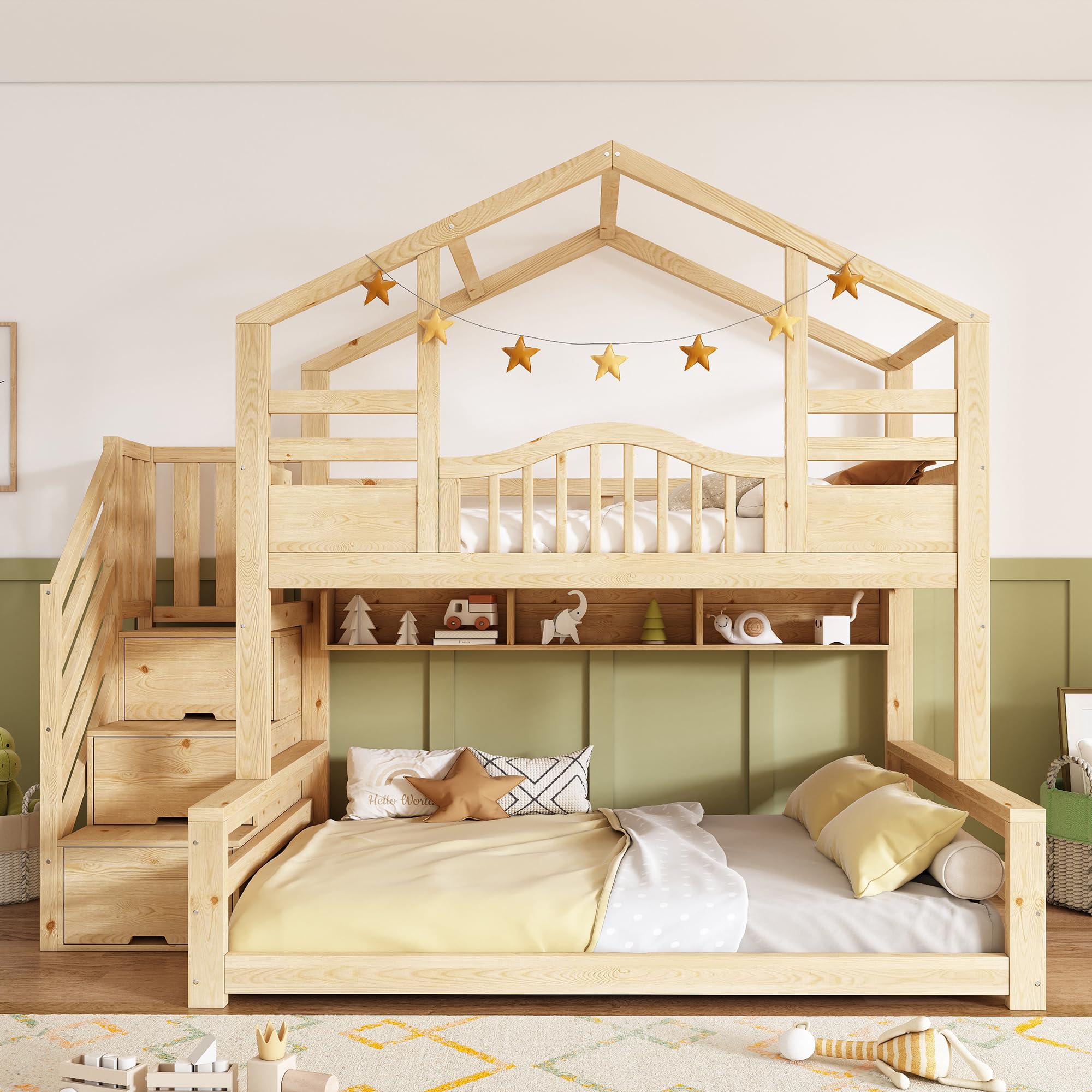 Lit Superposé en Bois pour Enfants 90x200 Et 140x200 Cm avec Rangements Hydrauliques, Escalier-BibliothèQue BarrièRes De SéCurité Et Port USB-C, Lit Familial DéCalé (Naturel, 254x145x206cm)