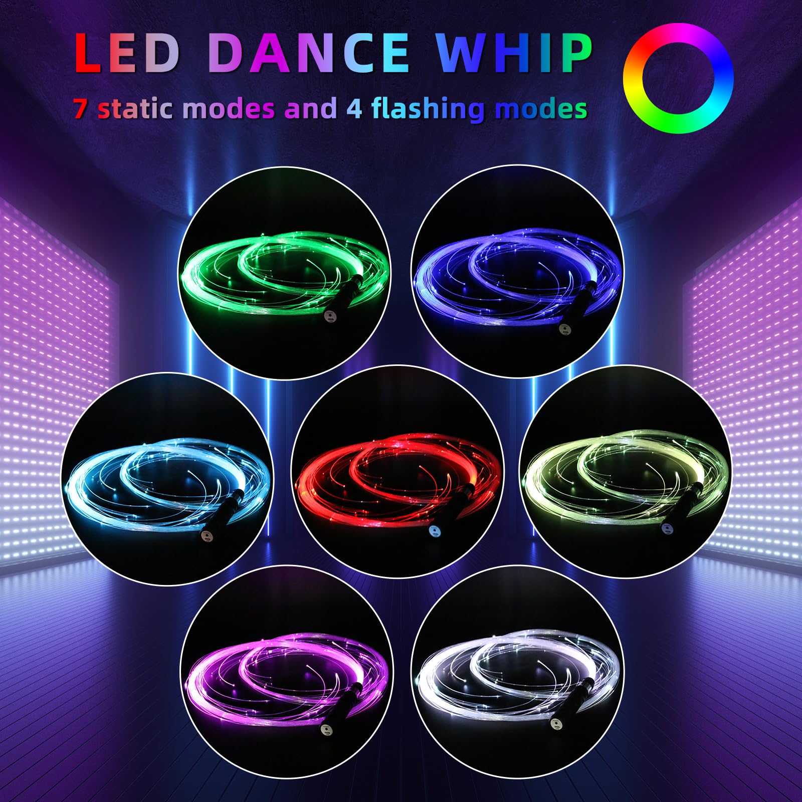 Glasfaser-Peitsche, wiederaufladbare LED-Peitsche in 7 Farben, 4 Lichtmodi, Pixelpeitsche zum Tanzen, geeignet für Rave-Spielzeug, Partys, Lichttänze, EDM, Karneval, Geschenk