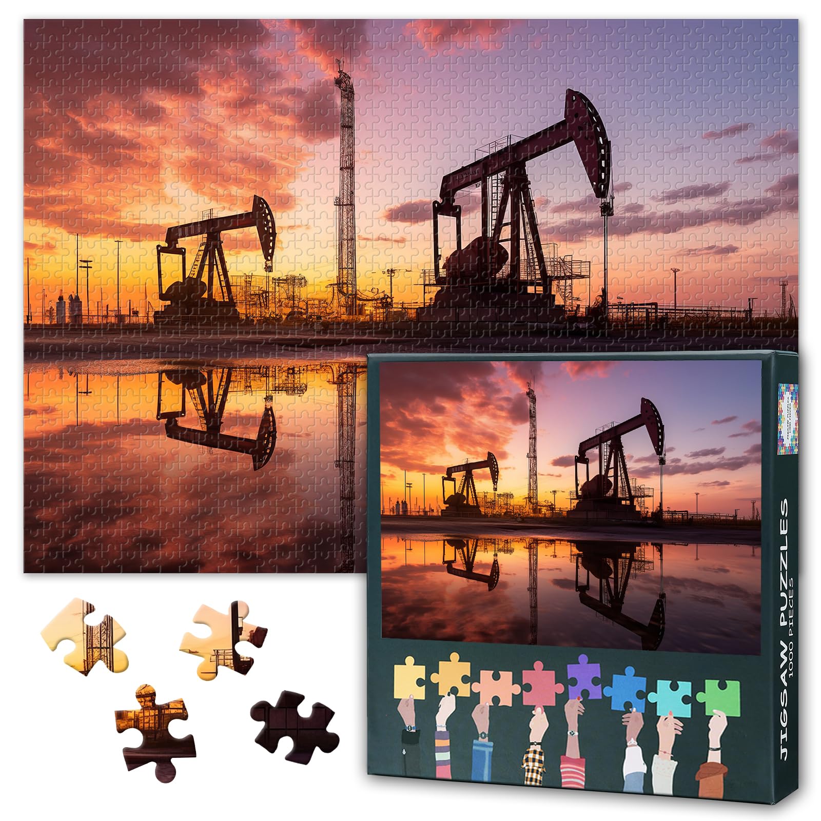 Jigsaw Puzzle 1000 Piece Set for Adults Oil Pumps at Sunset Natural Landscape Petroleum Extraction Scene Industrial Machinery Art 27.5x19.7 Inch