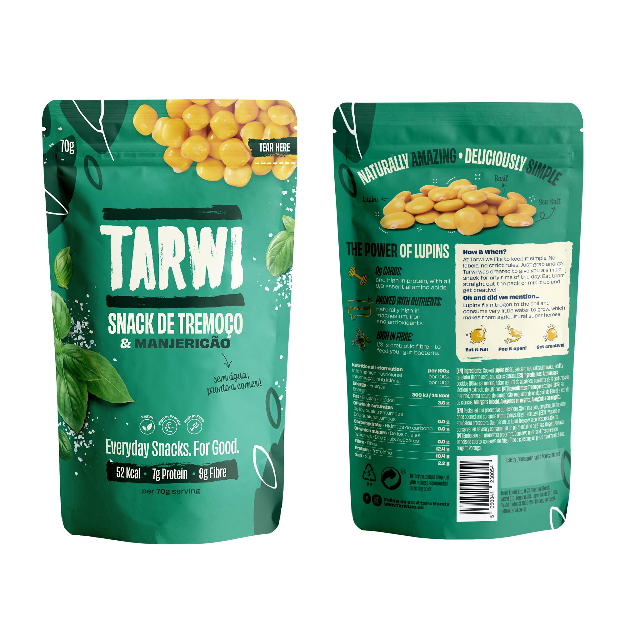 Tarwi 100% natürliche Lupinen mit Basilikum Eiweißreicher Keto Snack Zuckerarmer Beutel Pflanzliches Eiweiß Kohlenhydratarmer Ballaststoffreicher Veganer Snack Marinierte Lupinibohnen - 12 x 70g