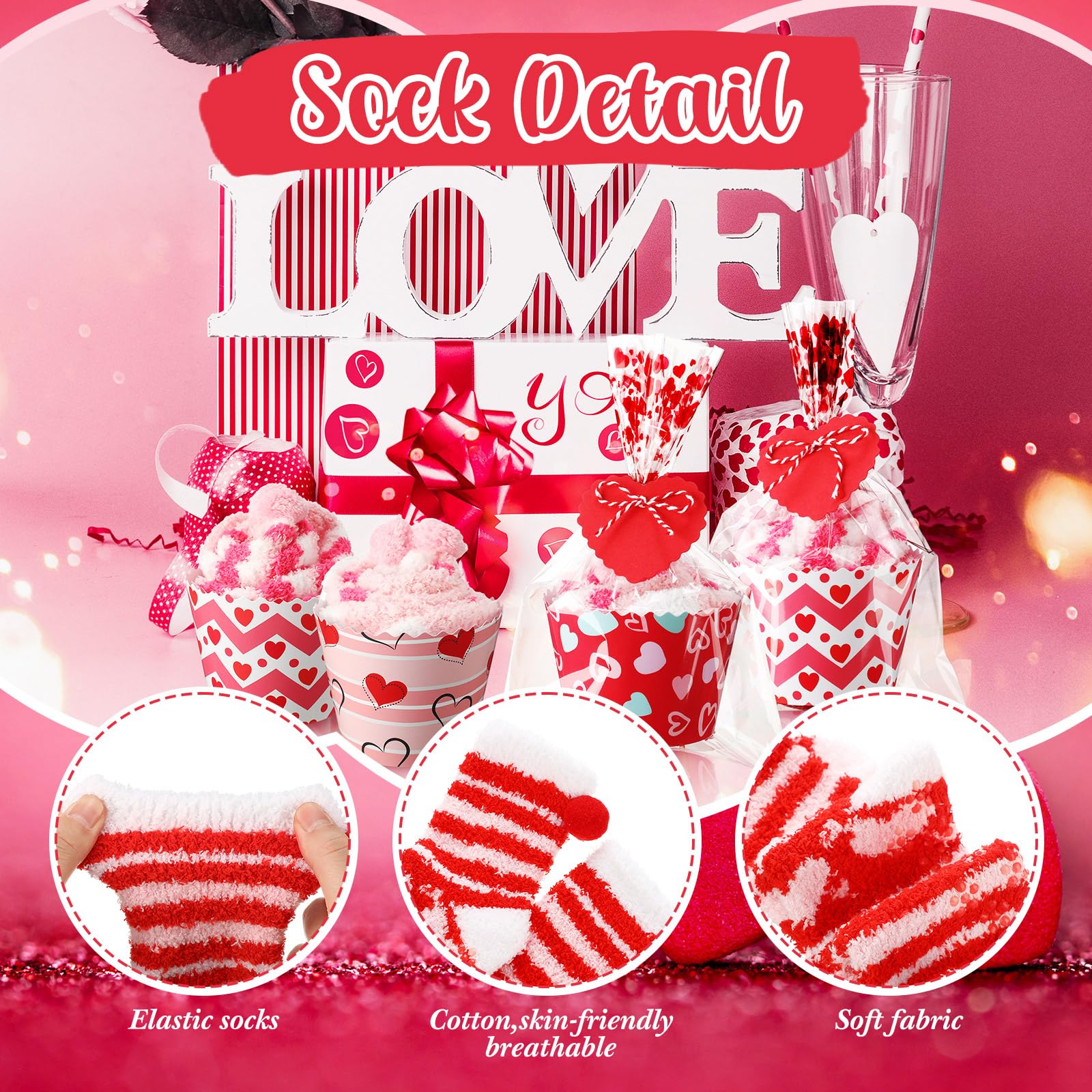 Lot de 6 paires de chaussettes pelucheuses pour la Saint-Valentin avec carte cupcake - Cadeau idéal pour homme et femme (cœur), Couleur mignonne, One Size Women/One Size Men