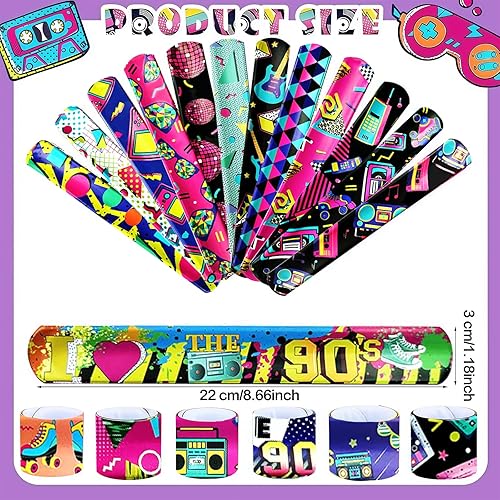 Miniatura 4 de 74 decoraciones de fiesta de los años 80 y 90, 50 calcomanías de temática retro y 24 pulseras de bofetada, suministros de cumpleaños de los años 80