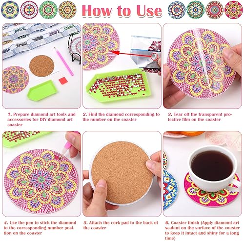 Miniatura 5 de Billbotk Juego de 8 posavasos de pintura de diamante con soporte, posavasos de arte de diamante, artes y manualidades para adultos, kits de pintura