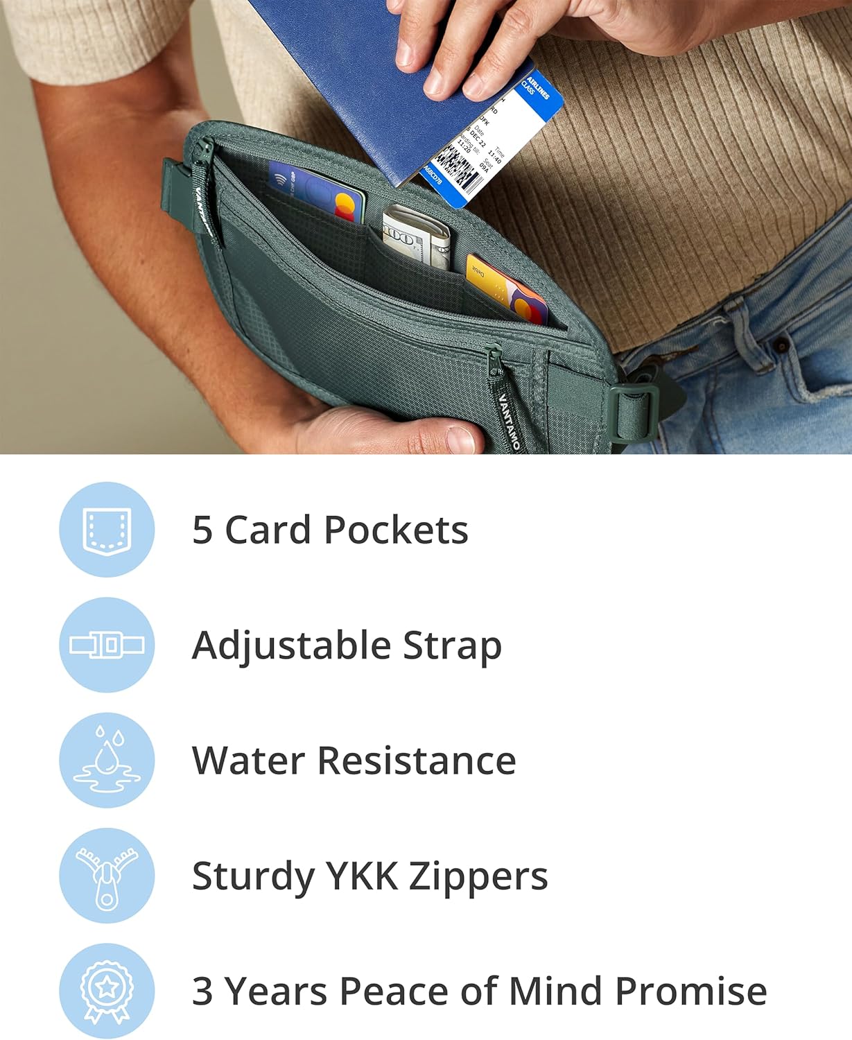 Vantamo Money Belt with RFID For Men & Women, Hidden Passport Holder for Travel, 2 Compartment Travel Fanny Pack for Women Anti Theft - Image 5