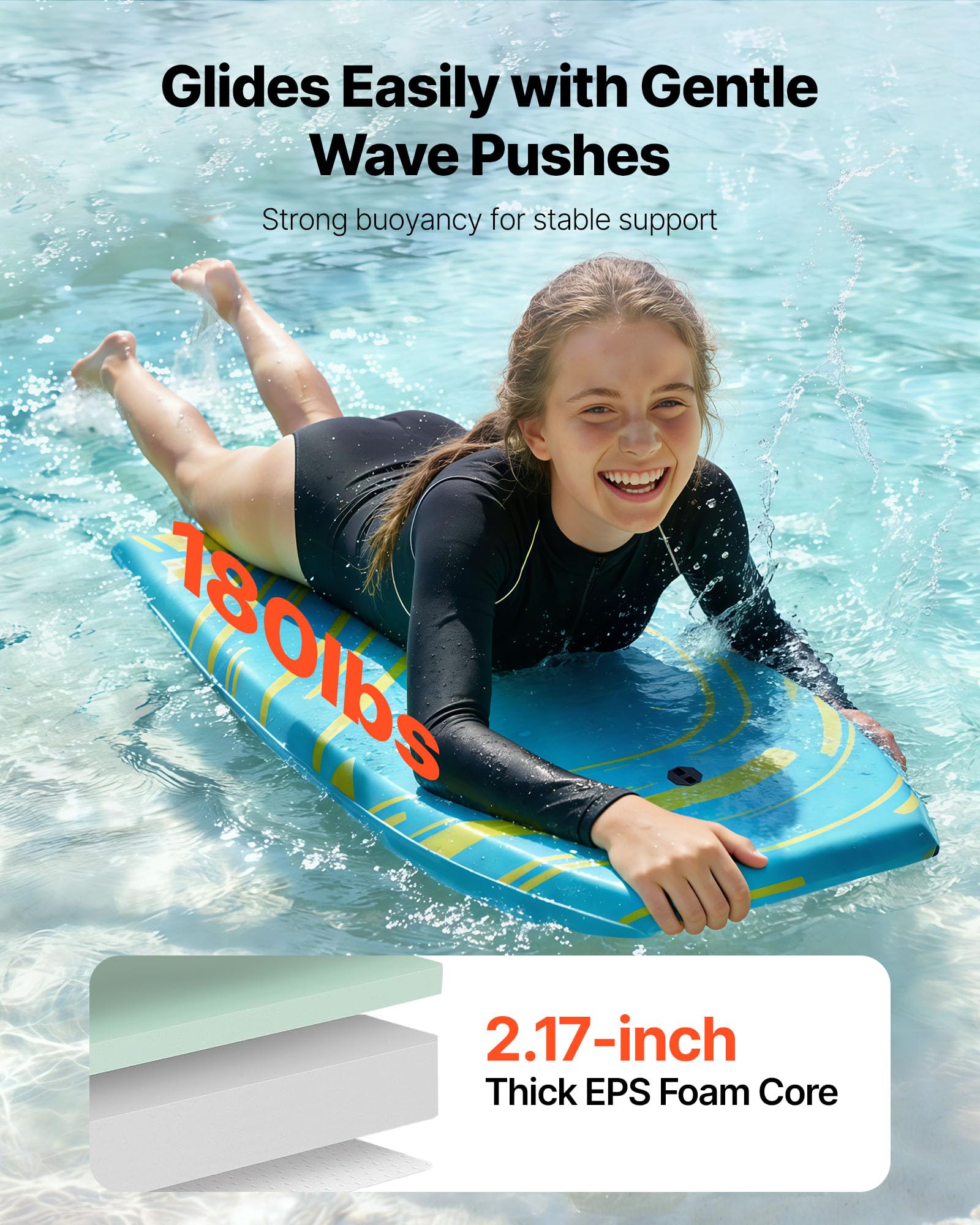 VEVOR Tavola Bodyboard 105,5 x 52 cm Tavola da Onda in IXPE HDPE in Schiuma EPS Tavolina da Surf con Laccio da Polso, Protezione UV per Principianti Carico max 82 kg, Tavolina Nuoto da Mare