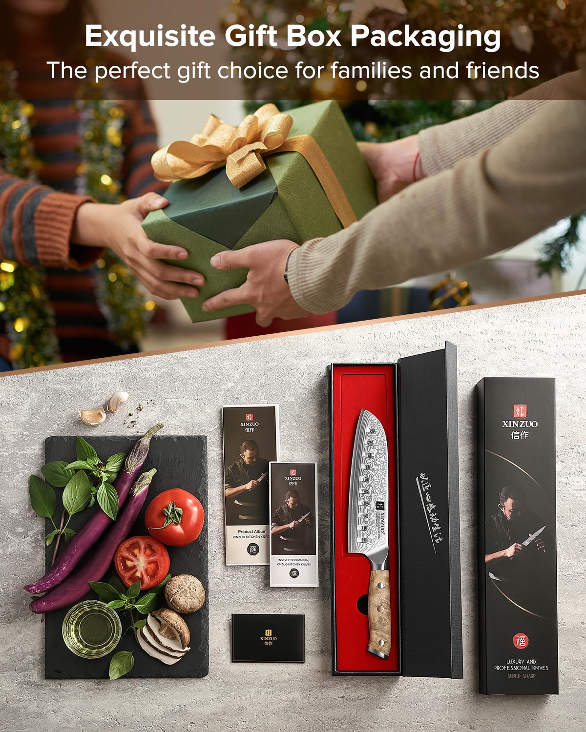 XINZUO 18cm Acero de Damasco Cuchillo Santoku -Profesional Afilado Cuchillo de Cocinero de Cocina 67 Capas de Acero de Damasco -Mango Ergonómico de Figured Sycamore Wood -con Caja de Regalo