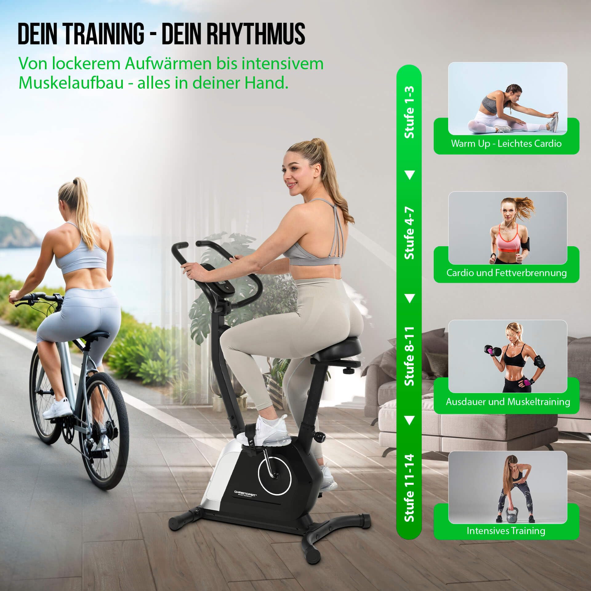 Christopeit Heimtrainer „Activ“ – leises Fitnessbike mit Magnetbremse, 14 Widerstandsstufen, LCD-Display, Pulsmessung & Tablet-Halterung