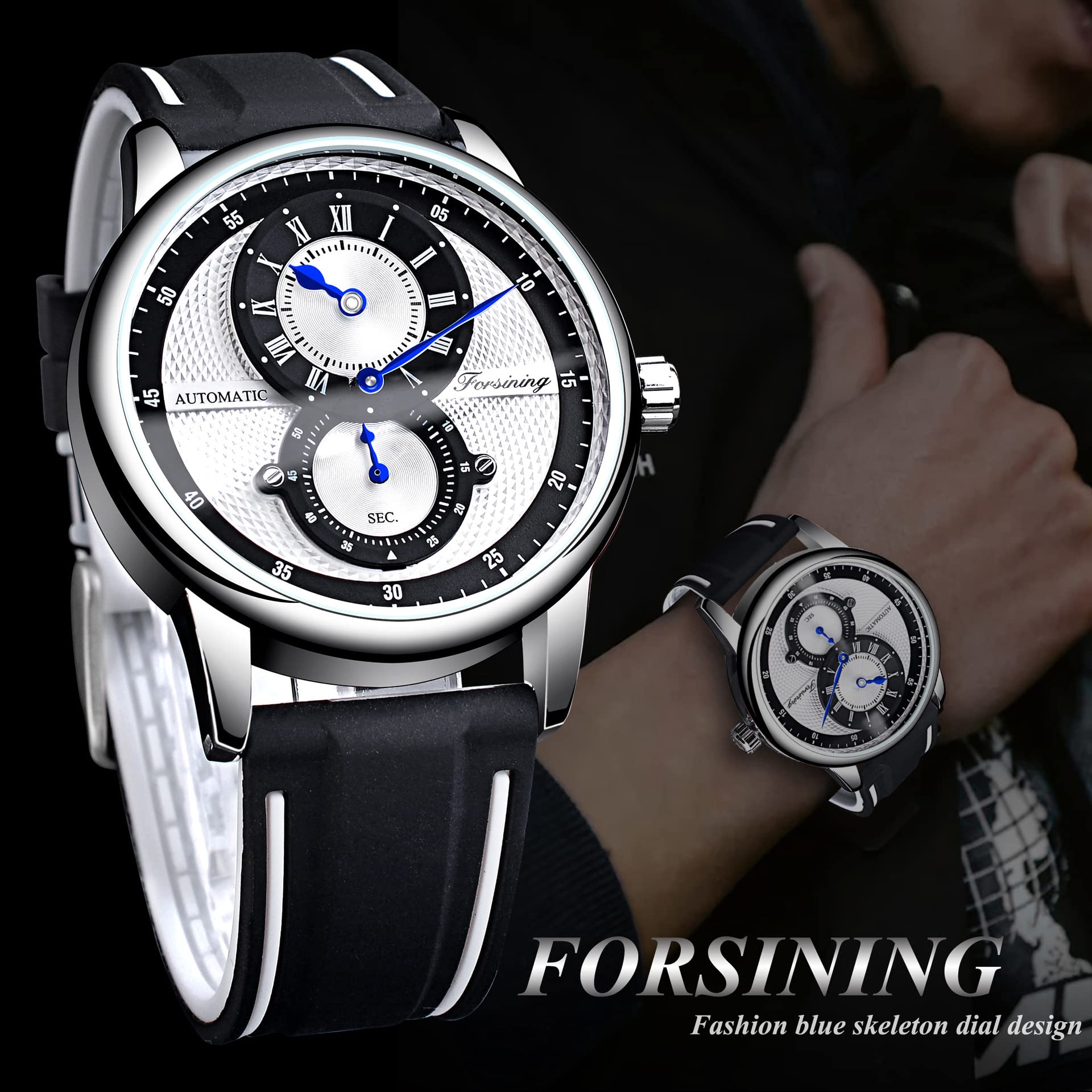 FORSINING Herren-Armbanduhr, automatisch, mechanisch, selbstaufziehend, Sport-Chronograph, Silikon-Armbanduhr für Herren, Mode, Business, wasserdicht