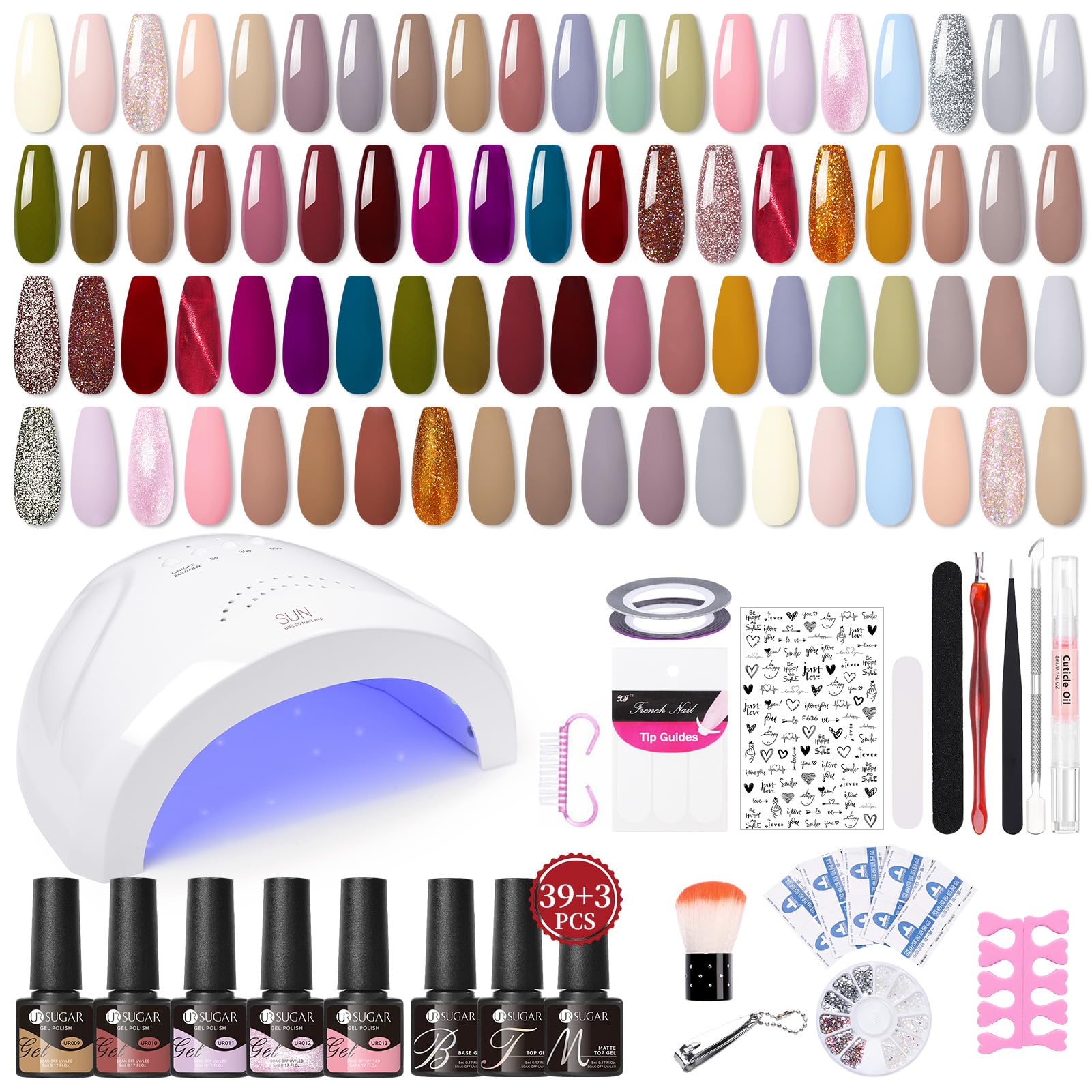 UR SUGAR Kit Vernis Semi Permanent Complet, 39 Couleurs Kit Ongle Gel UV Complet avec 48W Lampe UV/LED, Kit Manucure Semi Permanent avec Base et Top Coat set pour Femmes Débutant Cadeau