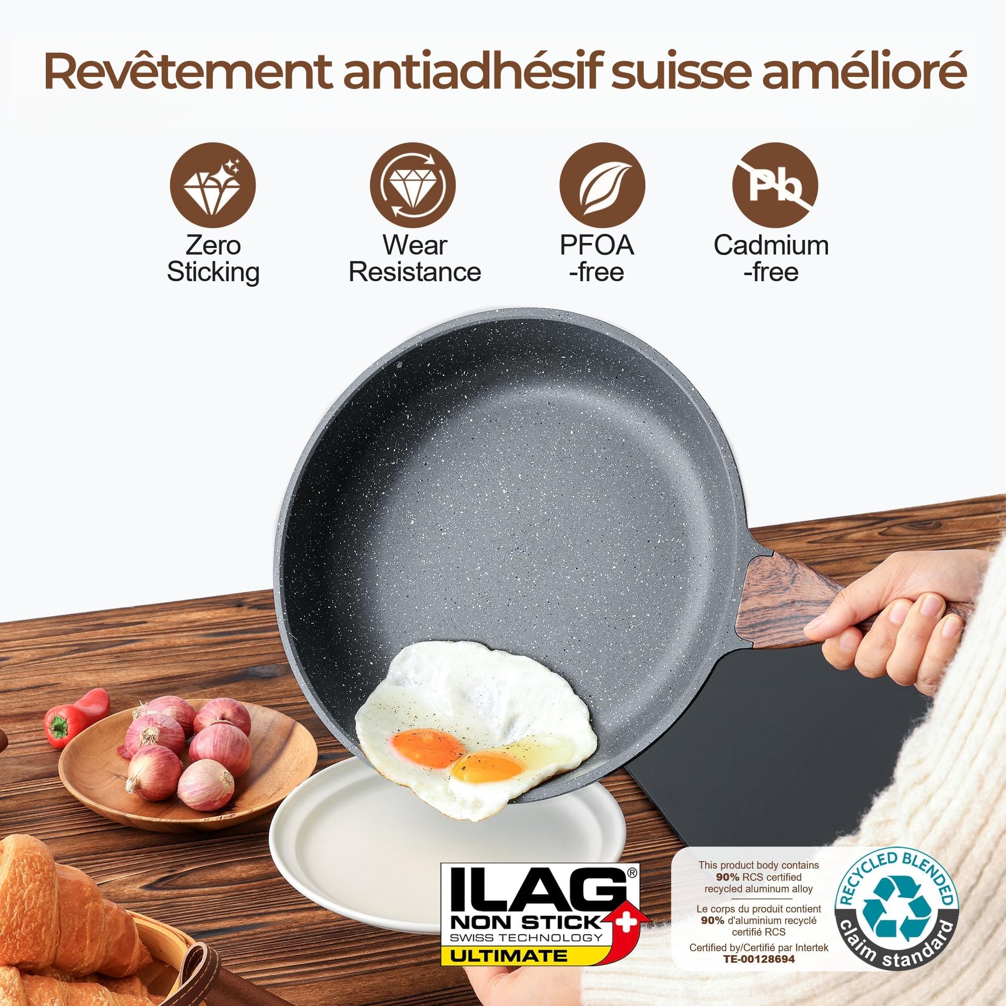 SENSARTE Poêle 24 cm, Revêtement Granit Antiadhésif, Compatible Tous Feux Dont Induction, Manche Restant Froid, Lavable au Lave-Vaisselle - Réussissez vos Oeufs au Plat & Steaks Saignants
