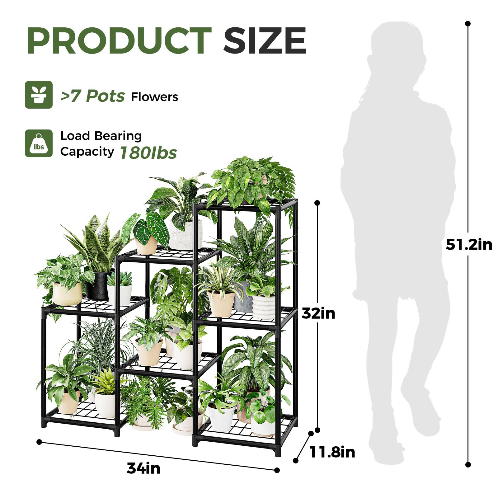 Laposso Soporte para plantas con luz de crecimiento para plantas de interior, estante de metal de 3 niveles, luces de cultivo para plantas de interior, dormitorio, sala de estar
