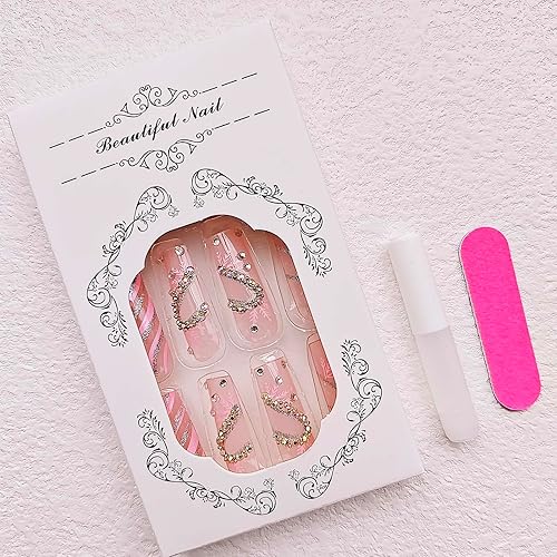 Miniatura 6 de Uñas postizas extralargas cuadradas con forma de tubo, uñas acrílicas rosas con purpurina y líneas blancas y diamantes de imitación, diseños de