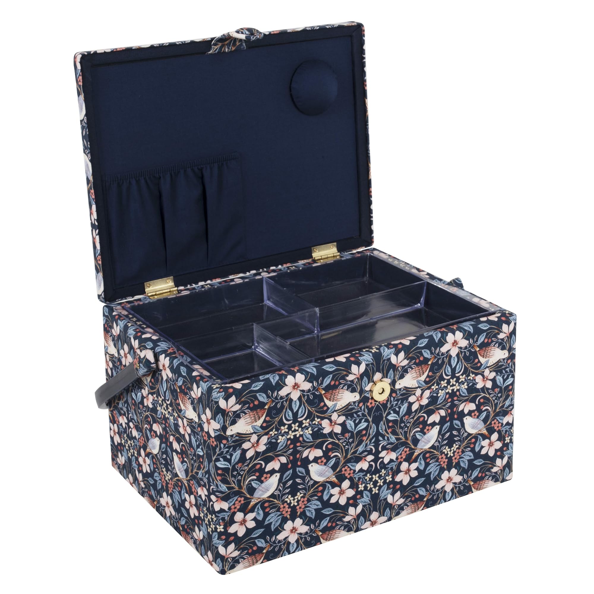 Hobby Gift Grande boîte à couture – Tissu en coton brodé d'oiseaux en fleurs avec poignée en plastique, plateau intérieur en plastique dur avec compartiments, 23,5x31x20cm