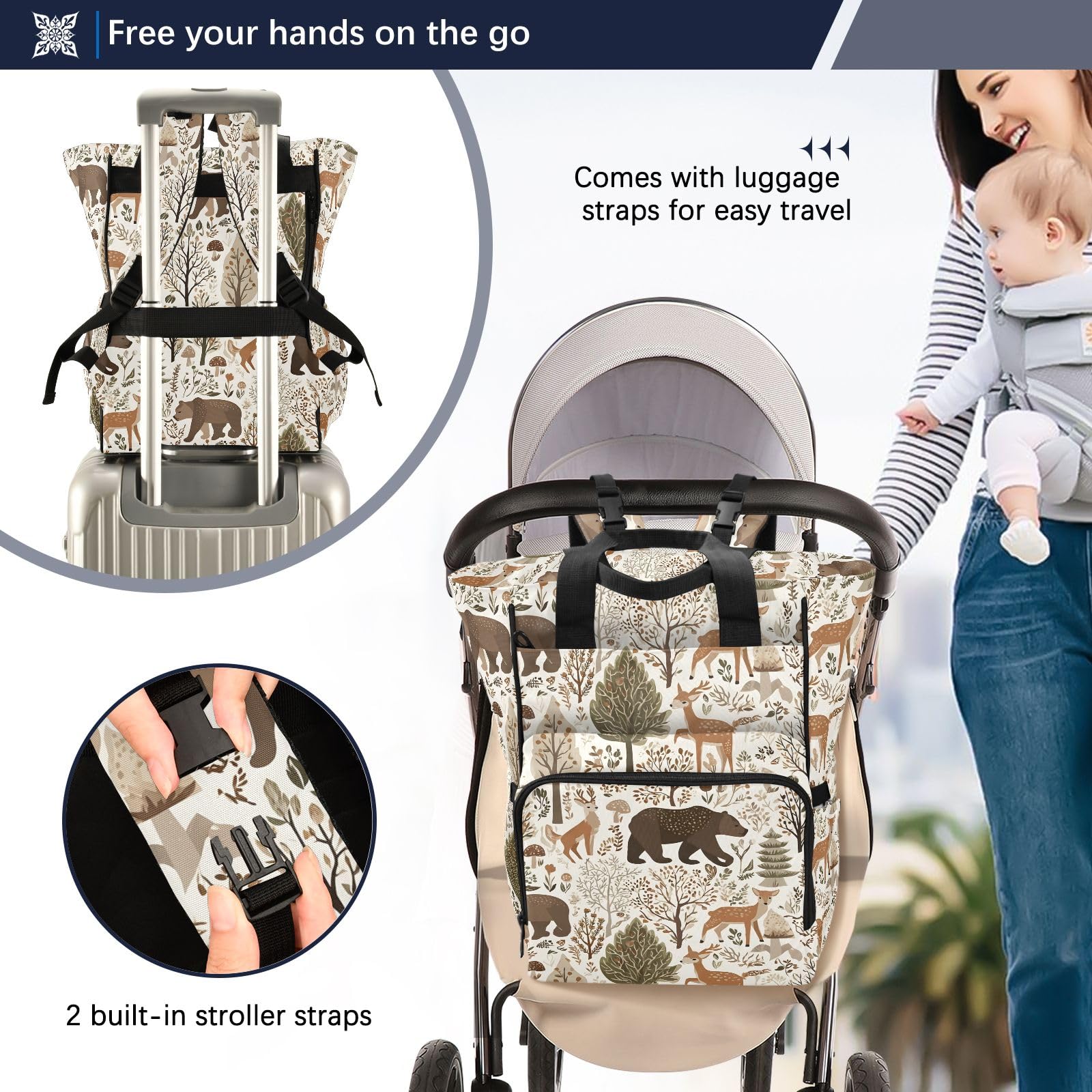 Mnsruu Borsa per pannolini per bambini con motivo animale selvatico disegnato a mano borsa grande borsa impermeabile da viaggio borse per pannolini per mamme e papà