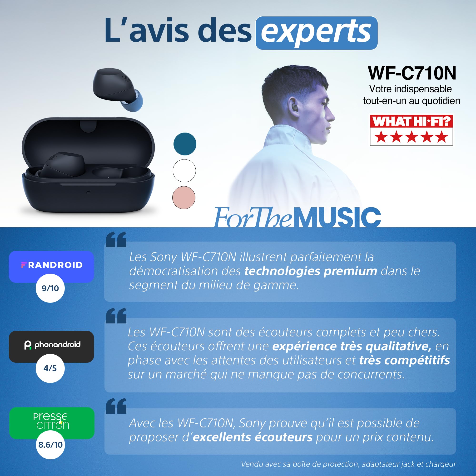 Sony WF-C710NSA - Écouteurs sans Fil à réduction de Bruit, écouteurs légers, Commandes tactiles, Connexion multipoint, IPX4, jusqu'à 40 HR de Pile, Charge Rapide, iOS et Android - Noir