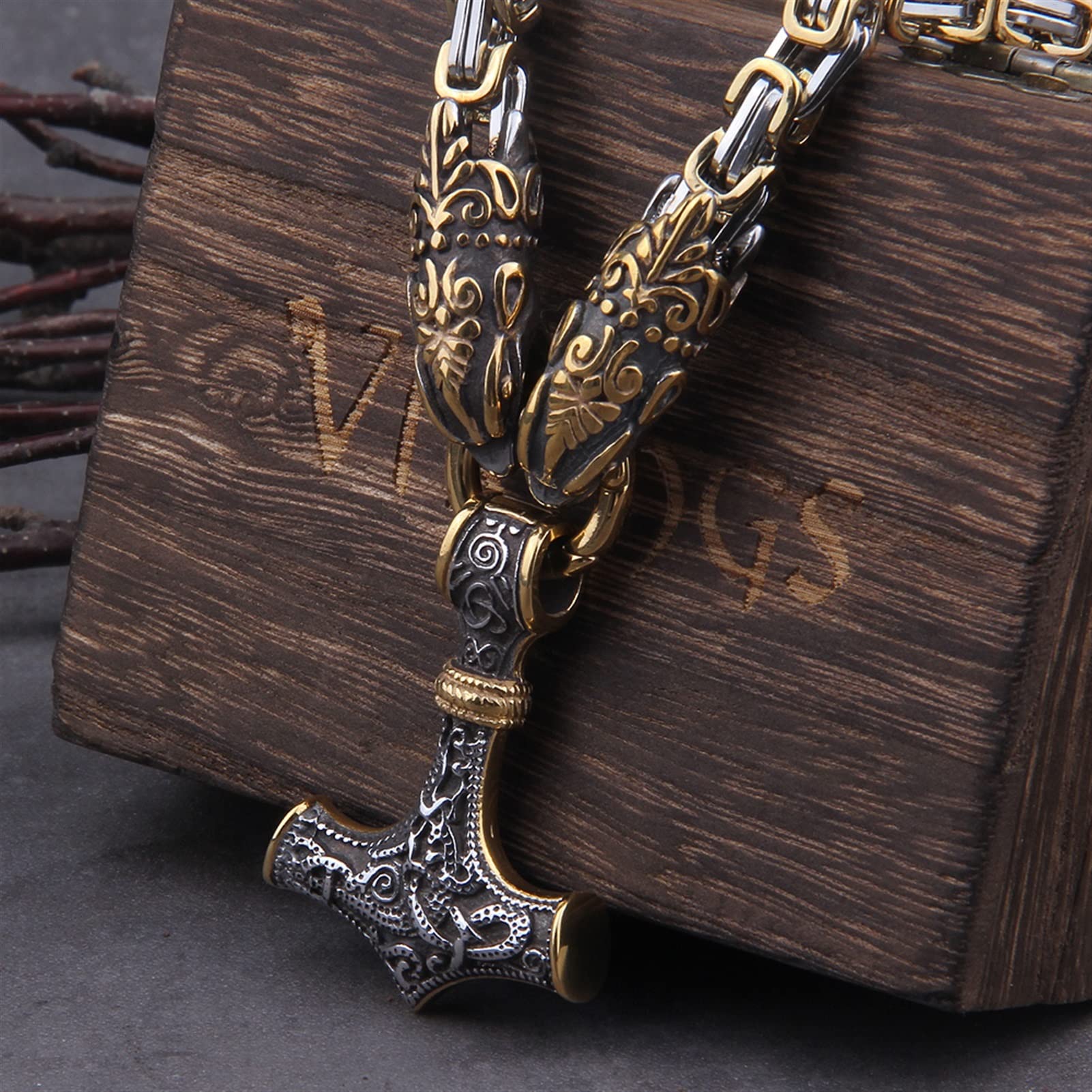 Männer Edelstahl Drachenkopf Norse Wikinger Hammer Anhänger Halskette als Männer Geschenk mit Holzkiste Ketten für Herren (Length : 50cm, Metal Color : Photo Style 1)