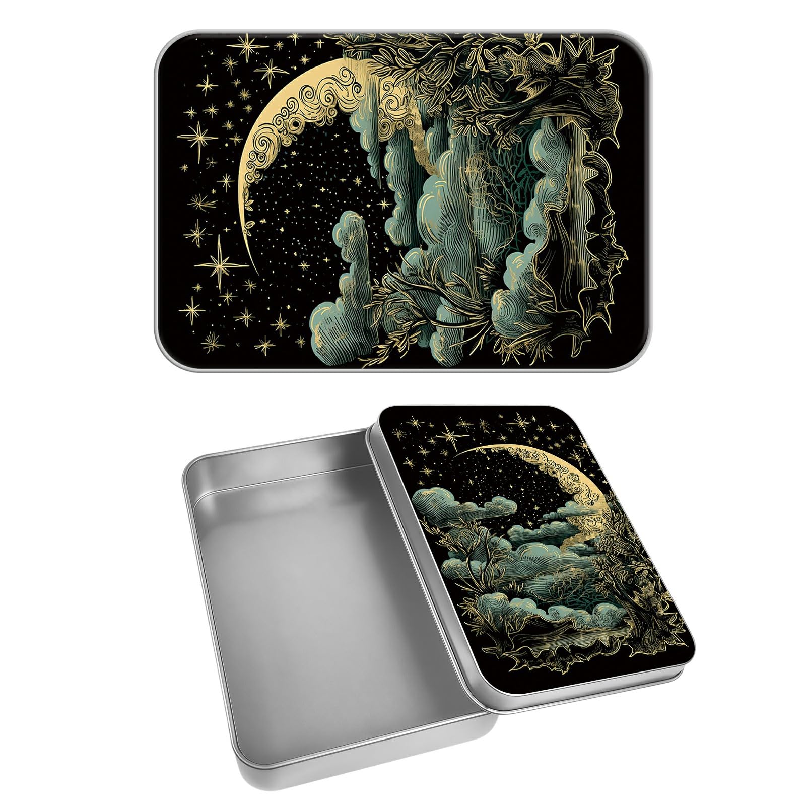 Rectangular Metal Tin Box with Removable Lid, Starry Moon Star Decorative Printed Metal Storage Container for Cards, Diaries, Home Organization 4.53 x 3.35 x 0.86 inch– Single Pack