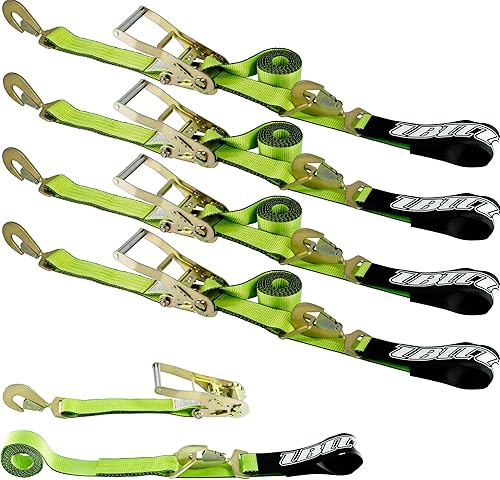 Paquete de 4 amarres para automóvil con ganchos a presión, 2 x 114 pulgadas, carga de trabajo segura de 3,300 libras, transporte de automóviles,