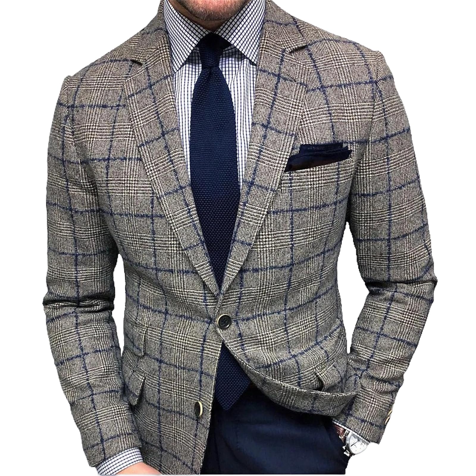 evzosrz Lightweight Plaid Blazer Mens Jackets Casual Checkered Slim Fit Notched Lapel Two Button Jacket Business Sports Coat
