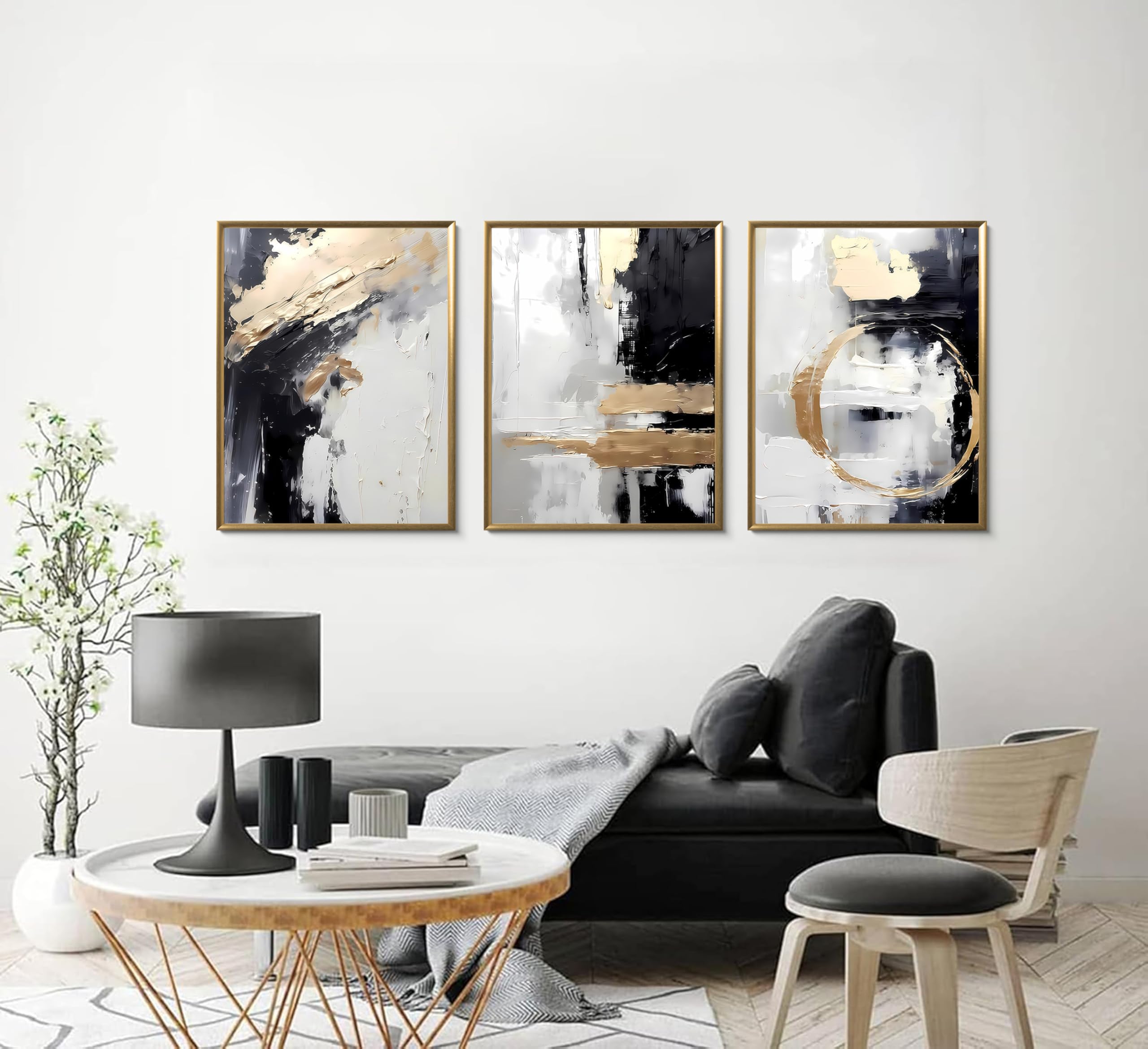 3-teiliges Set Leinwandbilder in Schwarz und Gold mit abstrakten geometrischen Texturen und Stuckoptik, modernes, minimalistisches Beige für Wohnzimmer, Schlafzimmer und Badezimmer